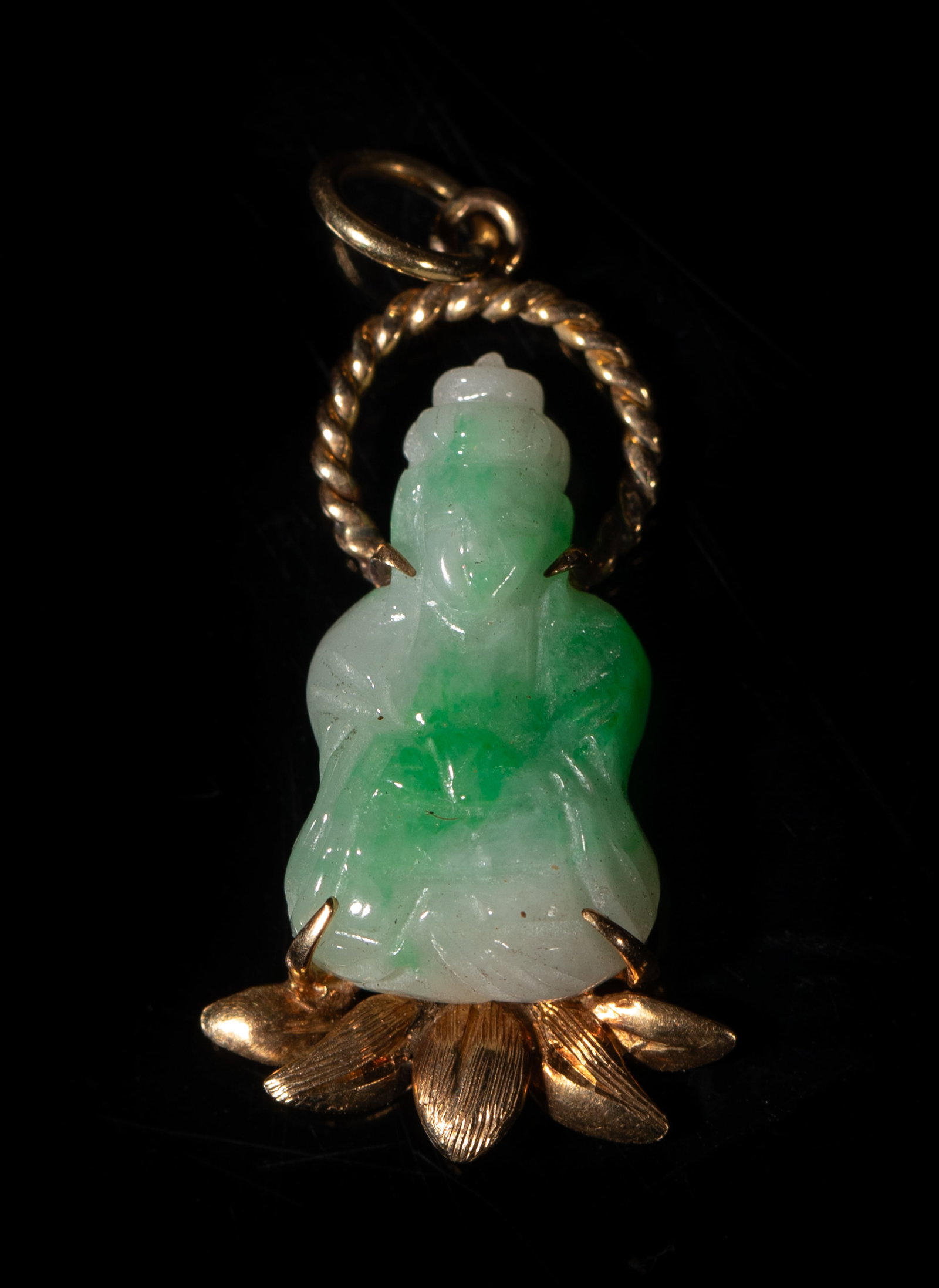 Chinese Export Gold, Jade Jadeite Pendant: Chinese gold and jade jadeite Buddha pendant, marked 14K MADE IN HONG KONG. Approx. 2.7 gram, 1.1*0.6 inch.