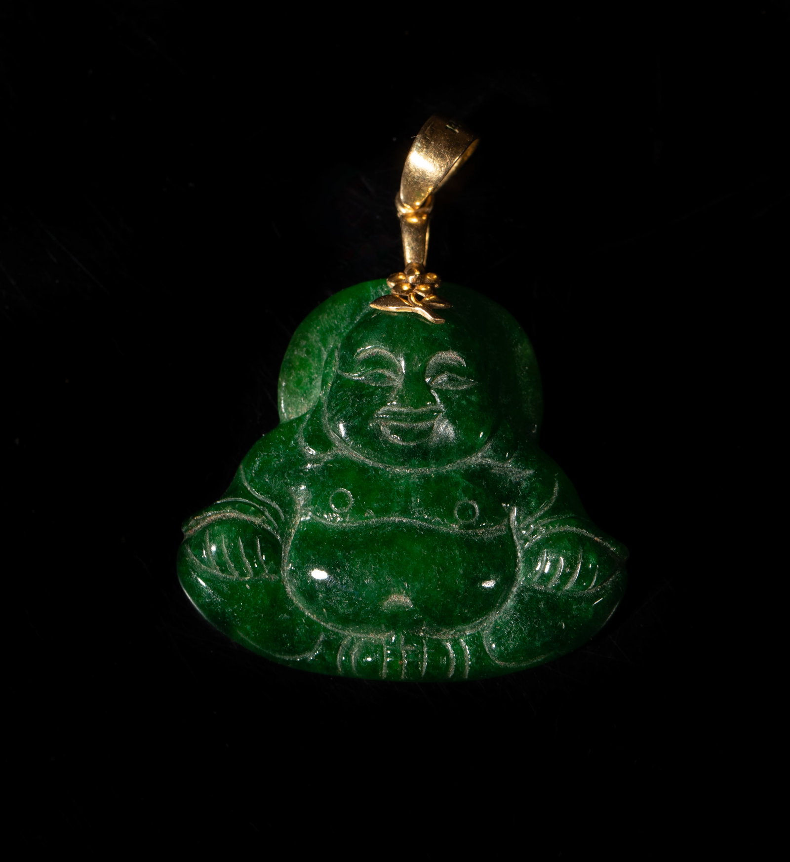 Estate Chinese Gold, Jade Jadeite Pendant: Chinese jade jadeite carved Buddha pendant, with gold bail marked 14K. Approx. 1.34*1.2 inch.