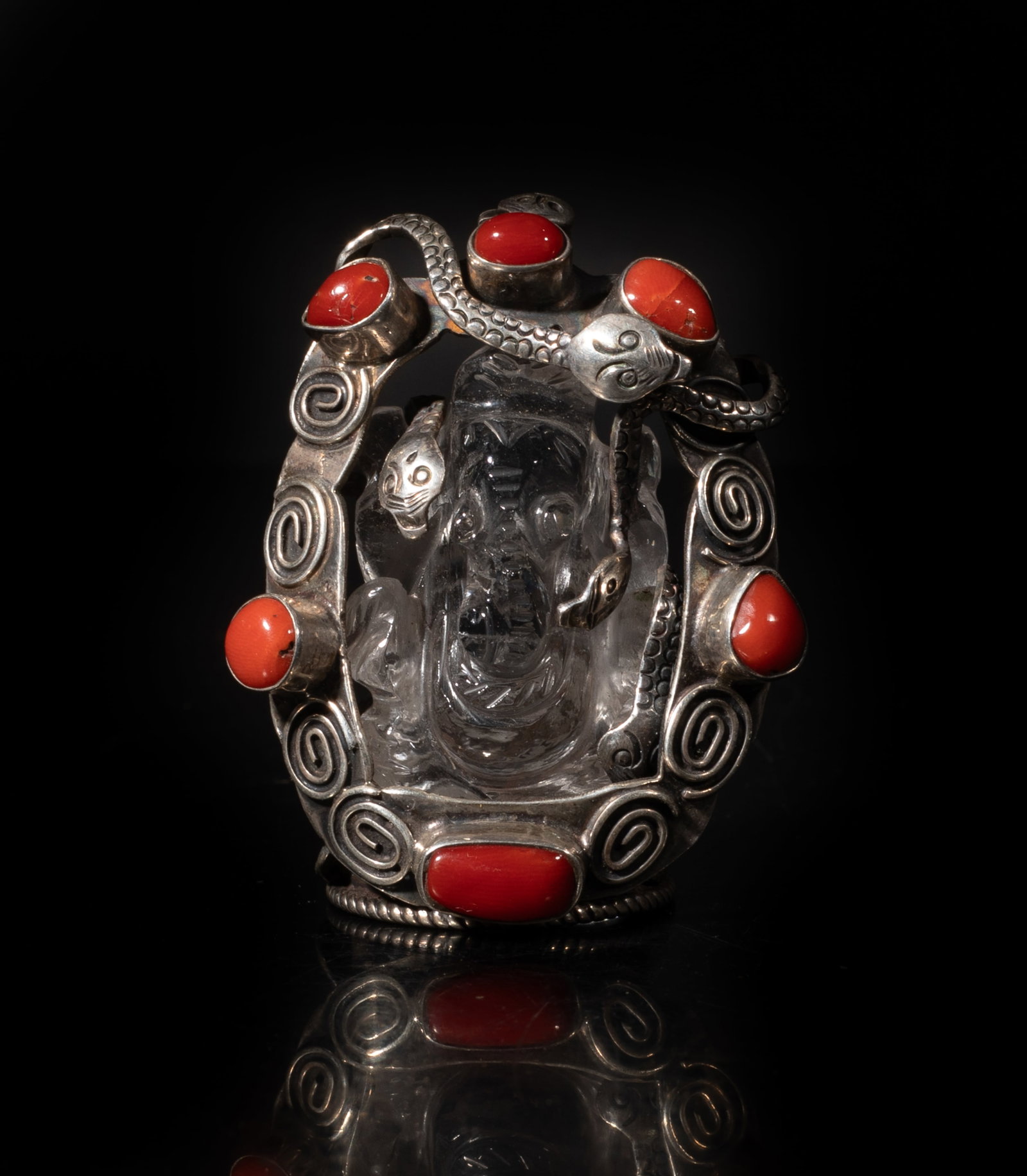 Vtg. Asian Sterling Silver, Crystal Pendant: Vintage Asian sterling silver pendant, inset with crystal carved beast. Approx. 2*1.65*1.1 inch.