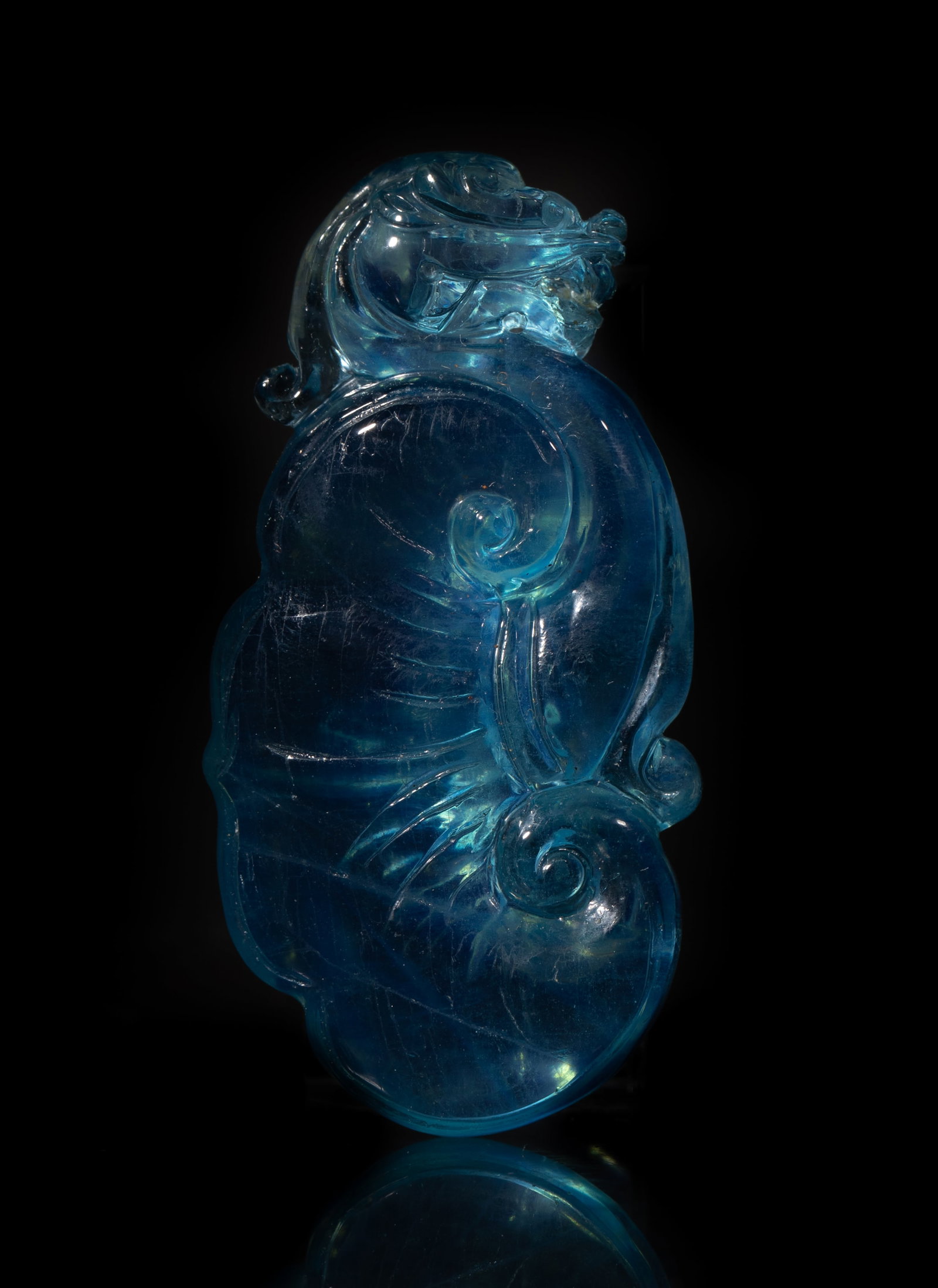 Vintage Chinese Clear Aquamarine Pendant: Chinese clear aquamarine pendant carved with beast and lingzhi. Approx. 18.8 gram, 2.05*1.05 inch. The Estate of the Pi Sum Park. Newport Beach. 1995.