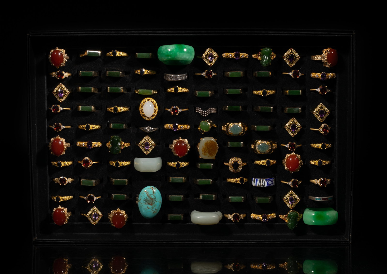 Sterling, Gold Plated, Jade, Stone Rings: Large set of sterling, gold-plated, jade, stone and enameled rings, with case. Size varies.