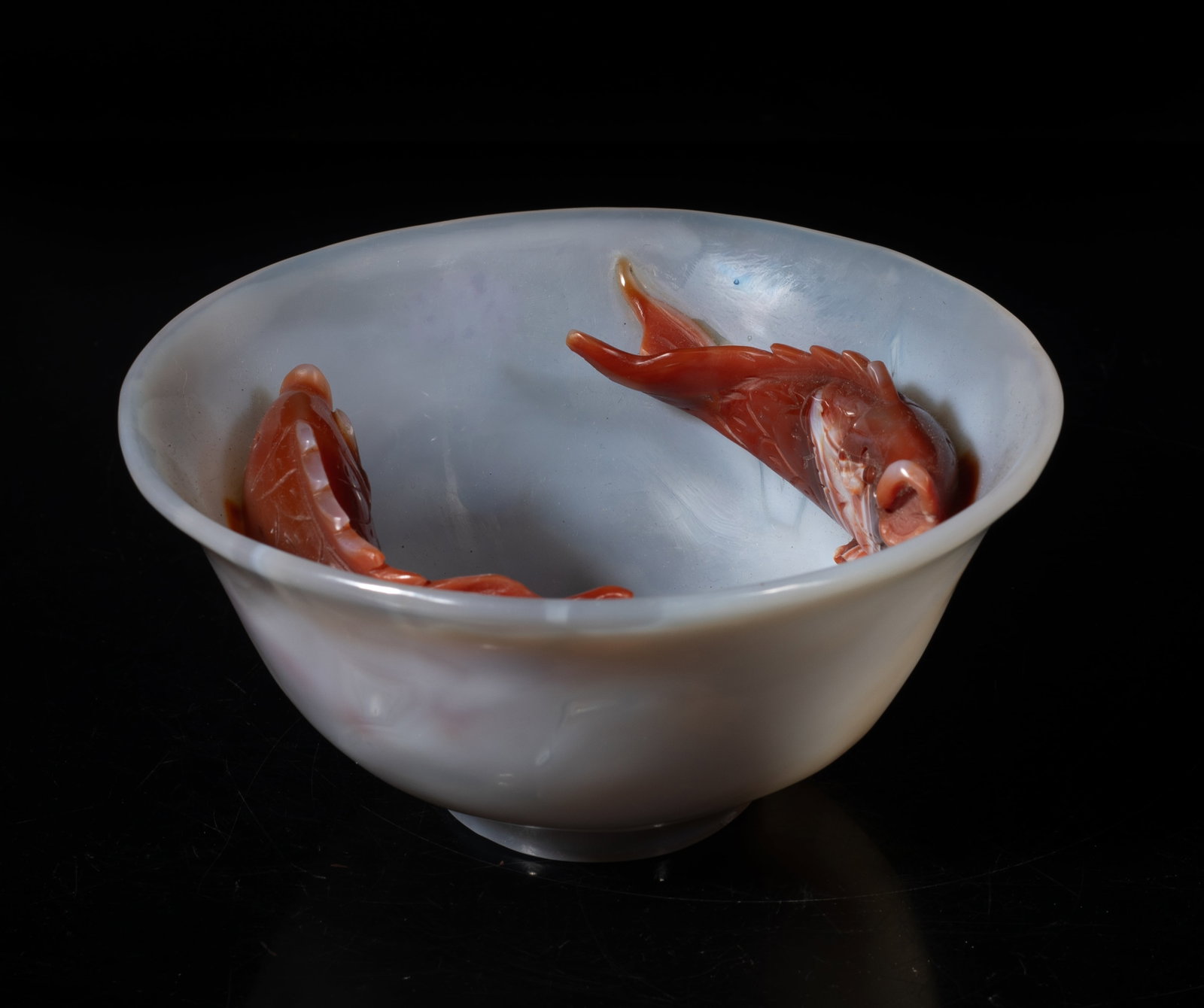 Early 1900s Chinese Cameo Agate Bowl: Chinese cameo agate bowl, carved in high relief with two swimming fish. Approx. 6.1*2.9 inch. The Estate of the Lung. T . Kui. HK. 1990.