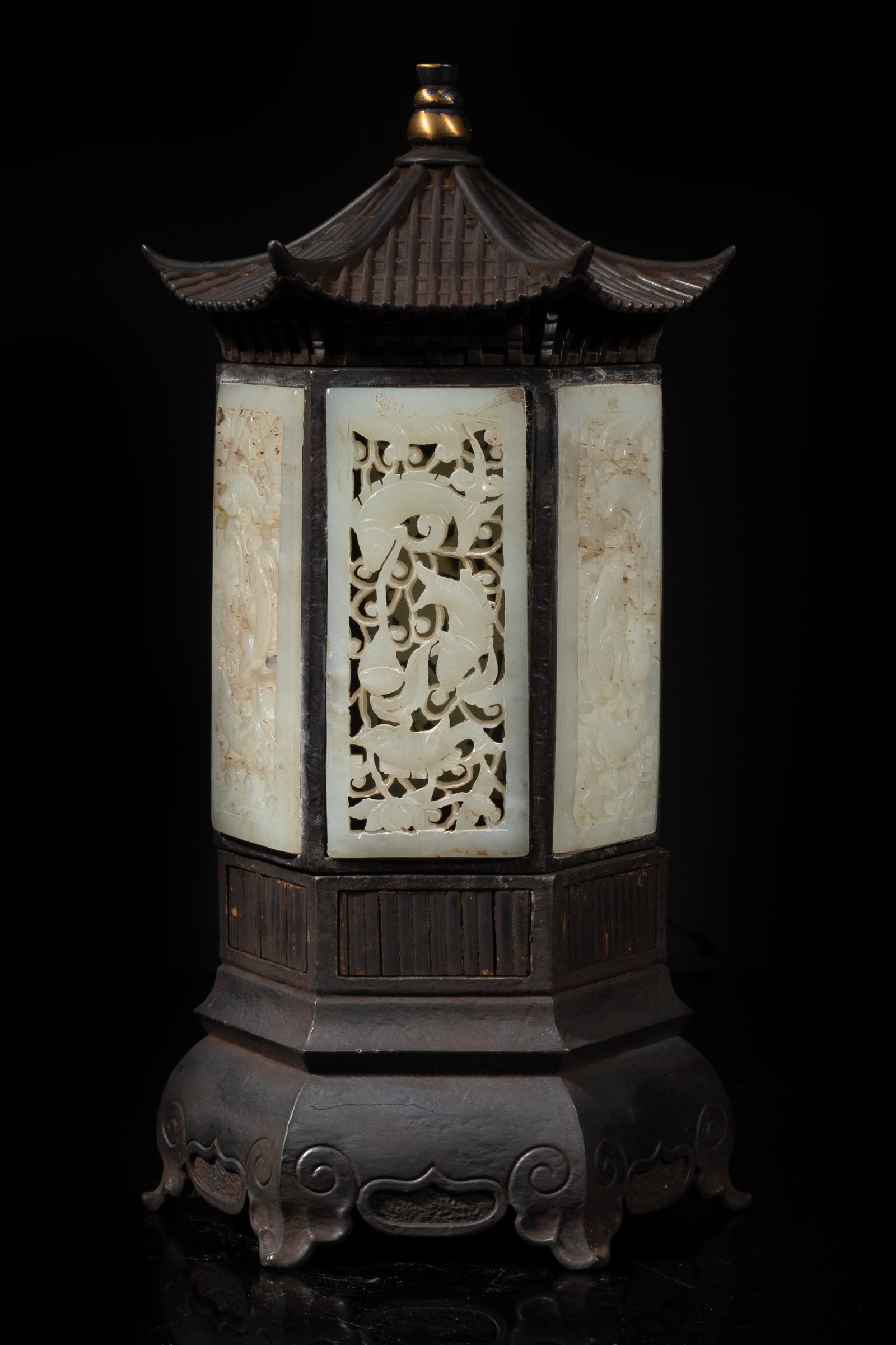Tall Chinese Pewter & Jade Sculpture: Chinese pewter and jade pagoda sculpture, carved in openwork with fish and lotus. Approx. 9*4.7*4.1 inch. The Estate of the Coen & Jonah. AZ. 1992.