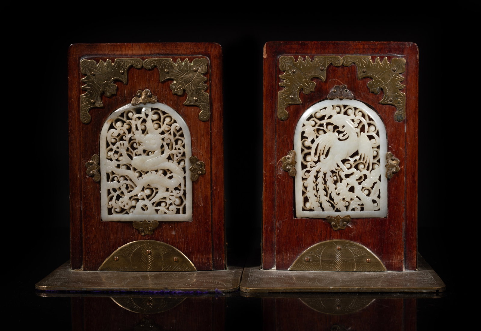 Two Chinese Wood Bookend Inlaid White Jade (1 of 11)