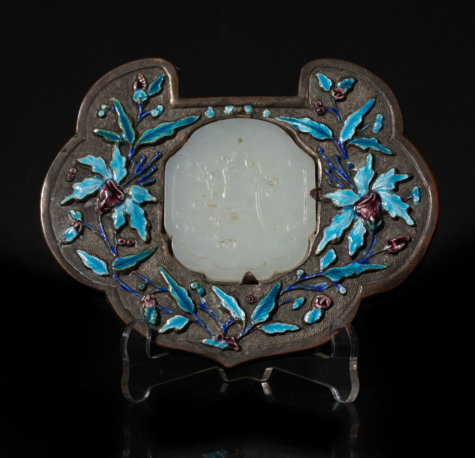 Antique Chinese White Jade Enameled Pendant: Chinese antique white jade pendant, the white jade inset into a metal base highlight with vibrant blue and purple floral enamel work. Approx. 5.13*4.19 inch