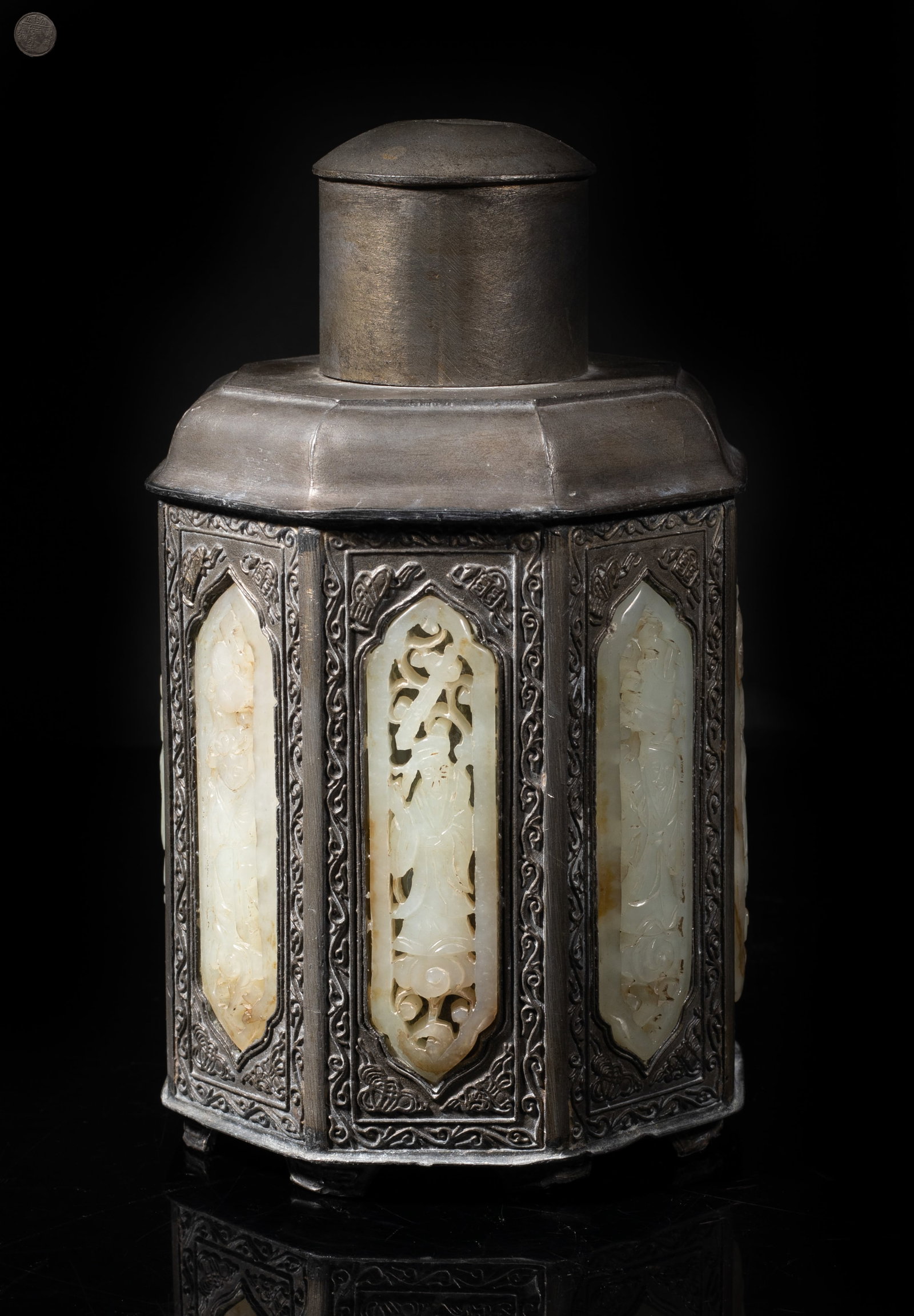 Rare Chinese Pewter Inlaid Jade Tea Jar: Chinese pewter tea jar inlaid with jade plaques carved Daoist Eight Immortals, the bottom with mark. Approx. 7*4.3 inch. The Estate of the Coen & Jonah. AZ. 1992.
