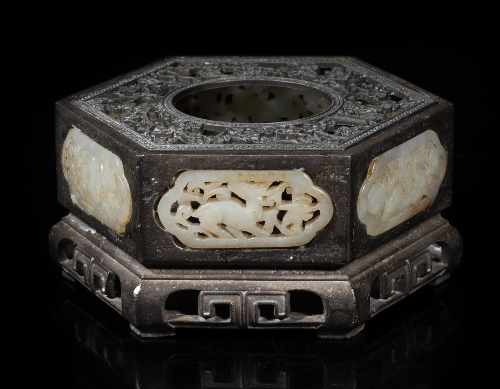 Chinese Pewter Inlaid Jade Tray: Chinese openwork pewter case inlaid with jade carvings carved figures, bats and deer, the bottom marked two characters. Approx. 4.4*2.1 inch. The Estate of Kuo & Lee Art. HK. 1986.