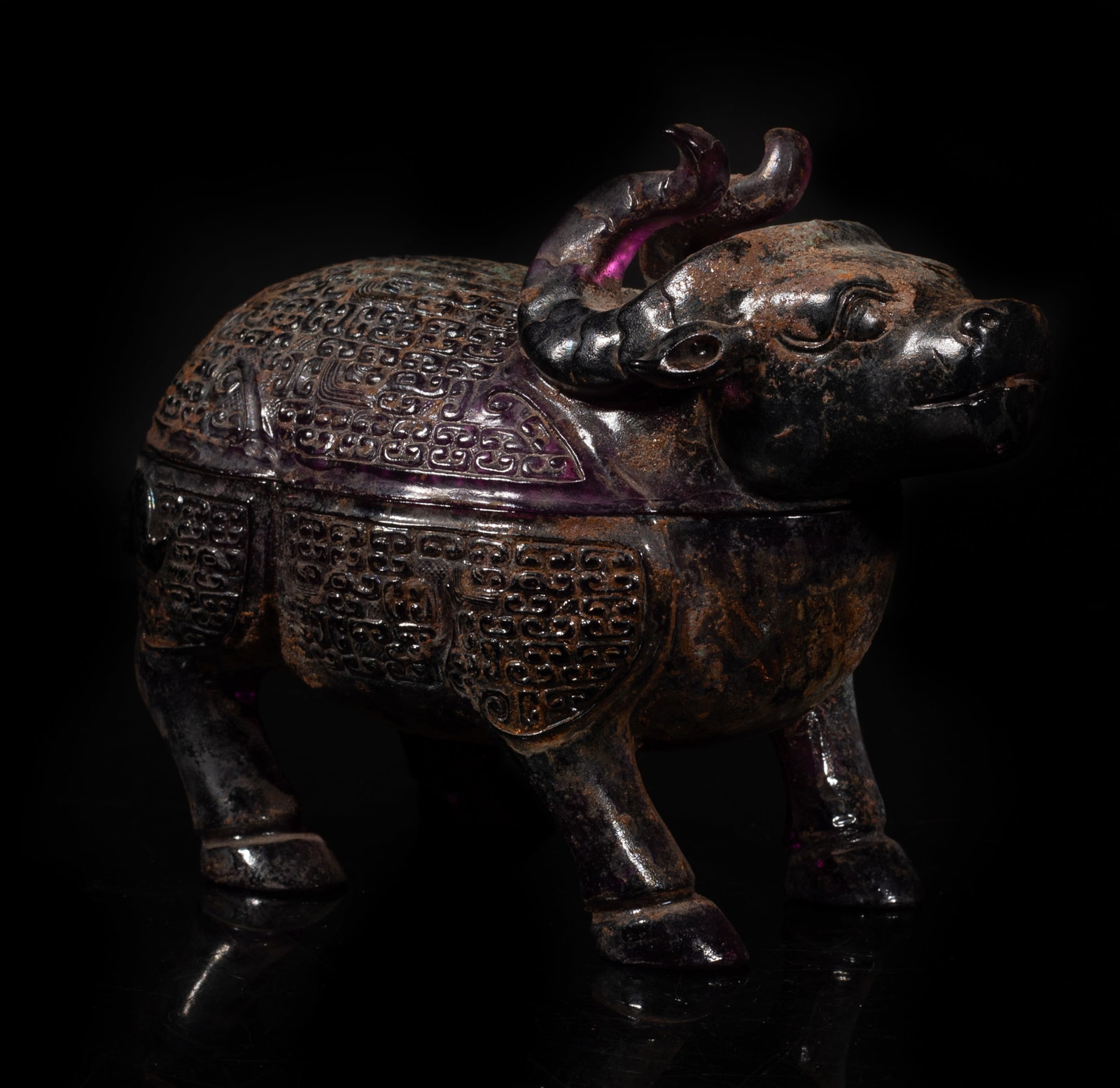 Rare Chinese Peiking Glass Covered Box: Chinese Peiking glass covered box of buffalo form. Approx. 4.2*6*3.1 inch. The Estate of the Store Closed Sale. Downtown, Los Angeles. 2021.