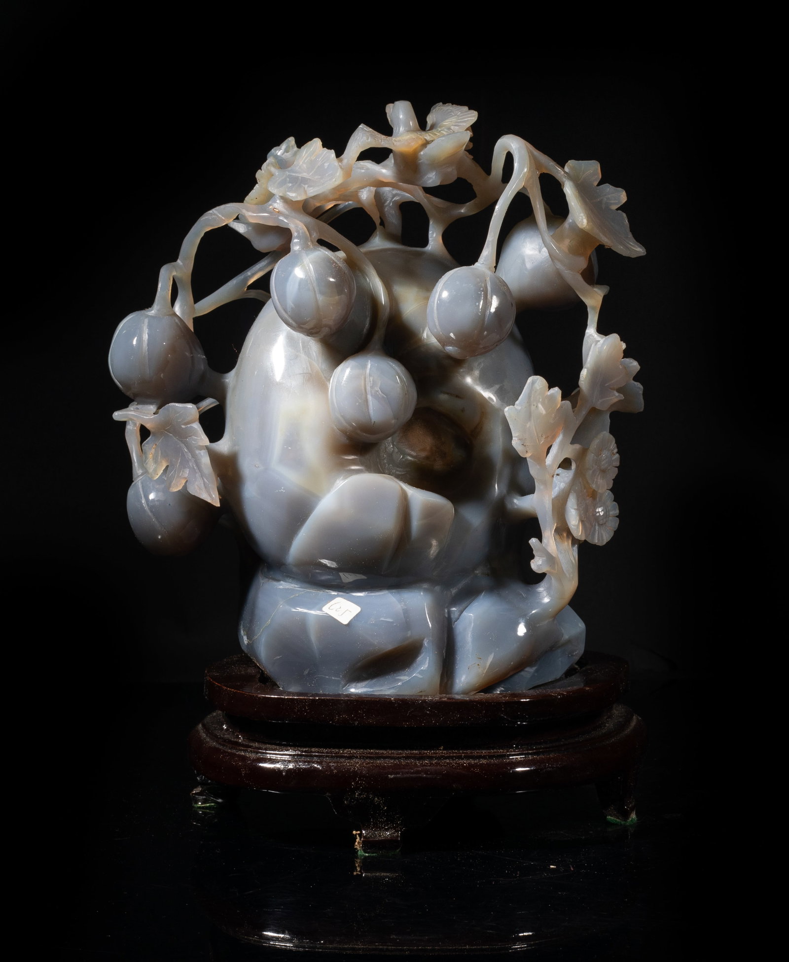 Early 1900s Large Chinese Cameo Agate Sculpture: Large heavy Chinese cameo agate sculpture carved with birds and fruiting melon vines, with wood stand. Approx. 10.7*7.5*5.5 inch (w/ stand).