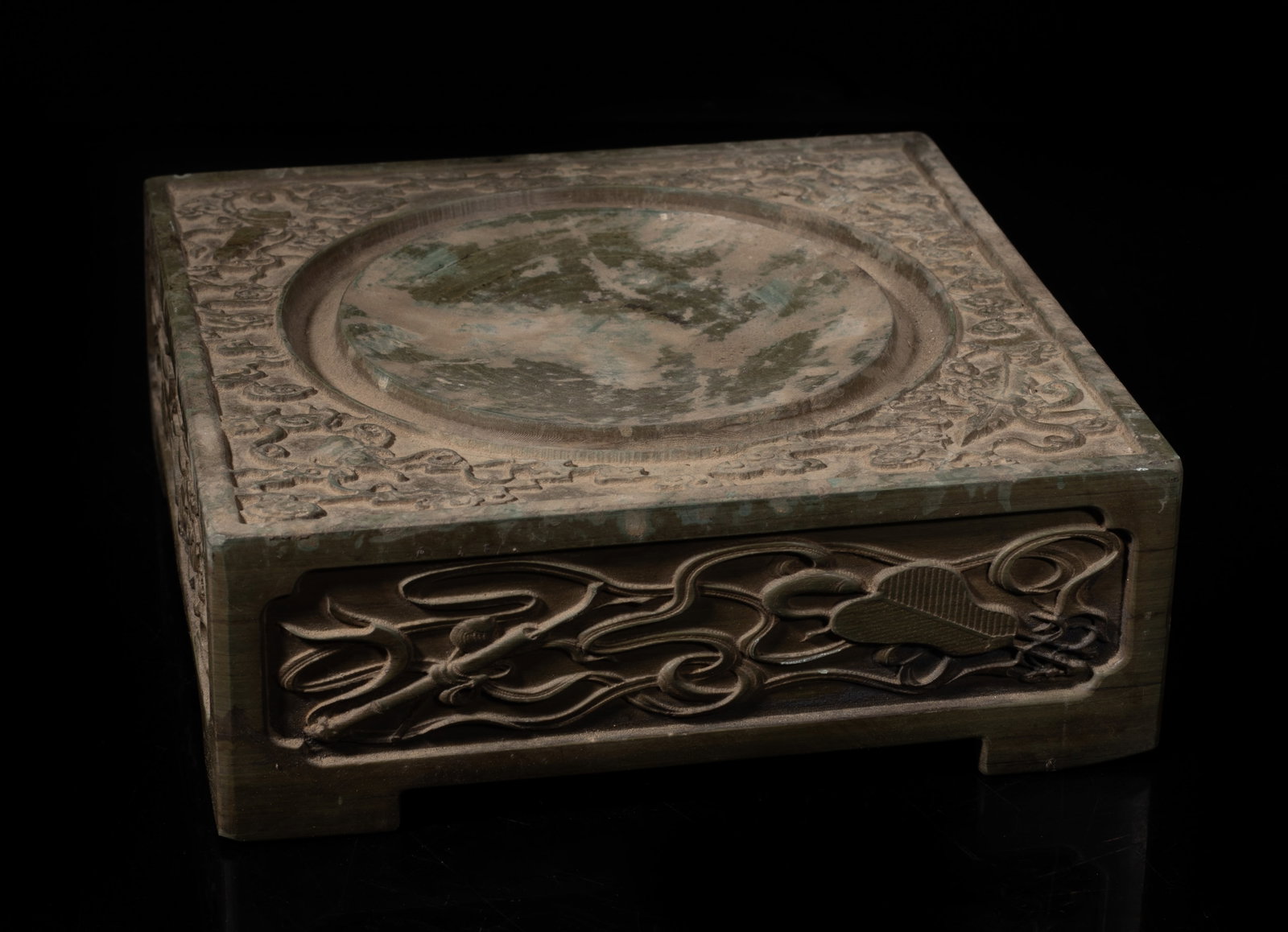 Estate Large Chinese Ink Stone: Large heavy Chinese ink stone carved with traditional symbols and clouds. Approx. 6.4*6.3*2.2 inch. The Estate of S Pasadena, CA, 2005.