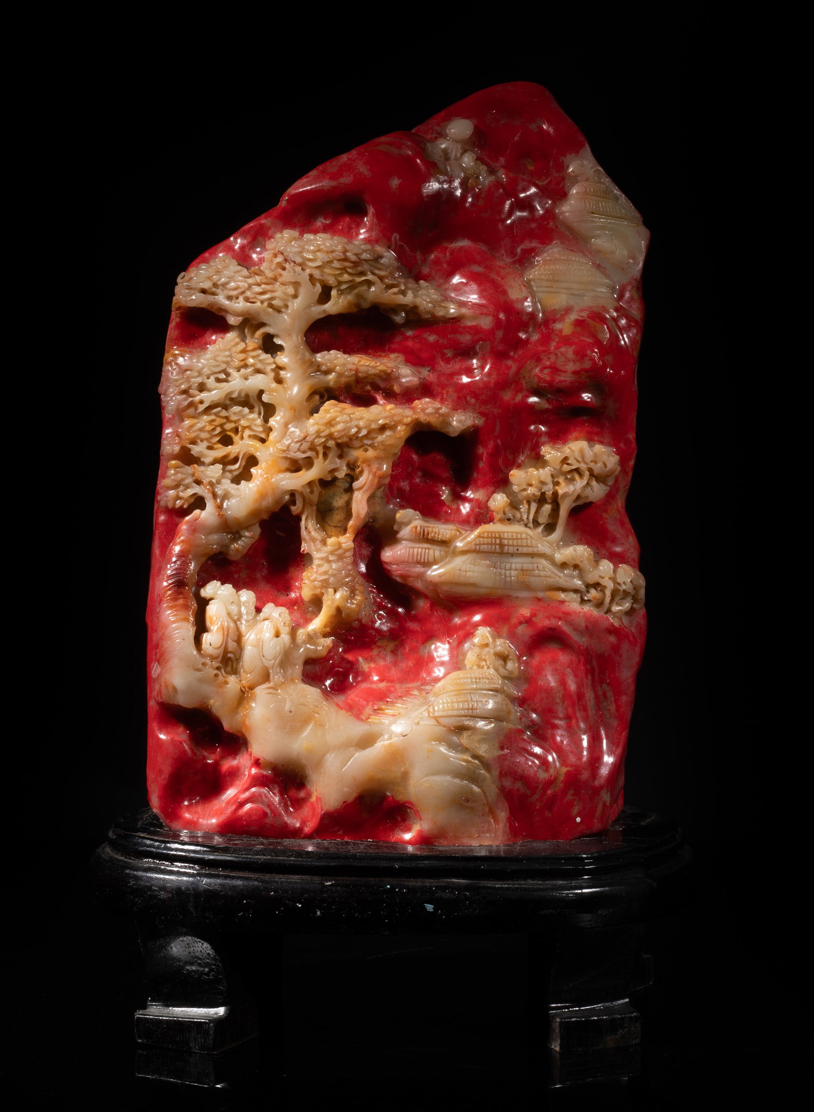 Chinese Export Carved Scholar Stone Sculpture: Chinese scholar stone sculpture carved with landscape scene, with stand. Approx. 13.2*8*4.7 inch (w/ stand). The Estate of S Pasadena, CA, 2005.