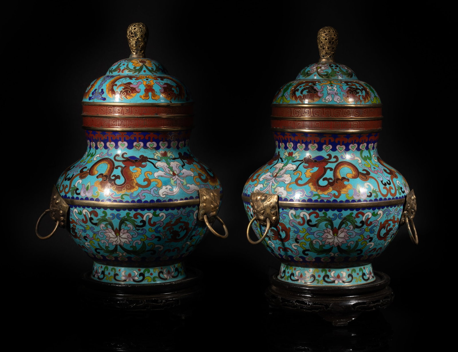 Two Chinese Cloisonne Covered Jar W/Stand: Each in the form of the gourd form, applied overall in brilliant blue tone, with a fitted wood stand. Approx. 15.2*8.3 inch (w/stand)