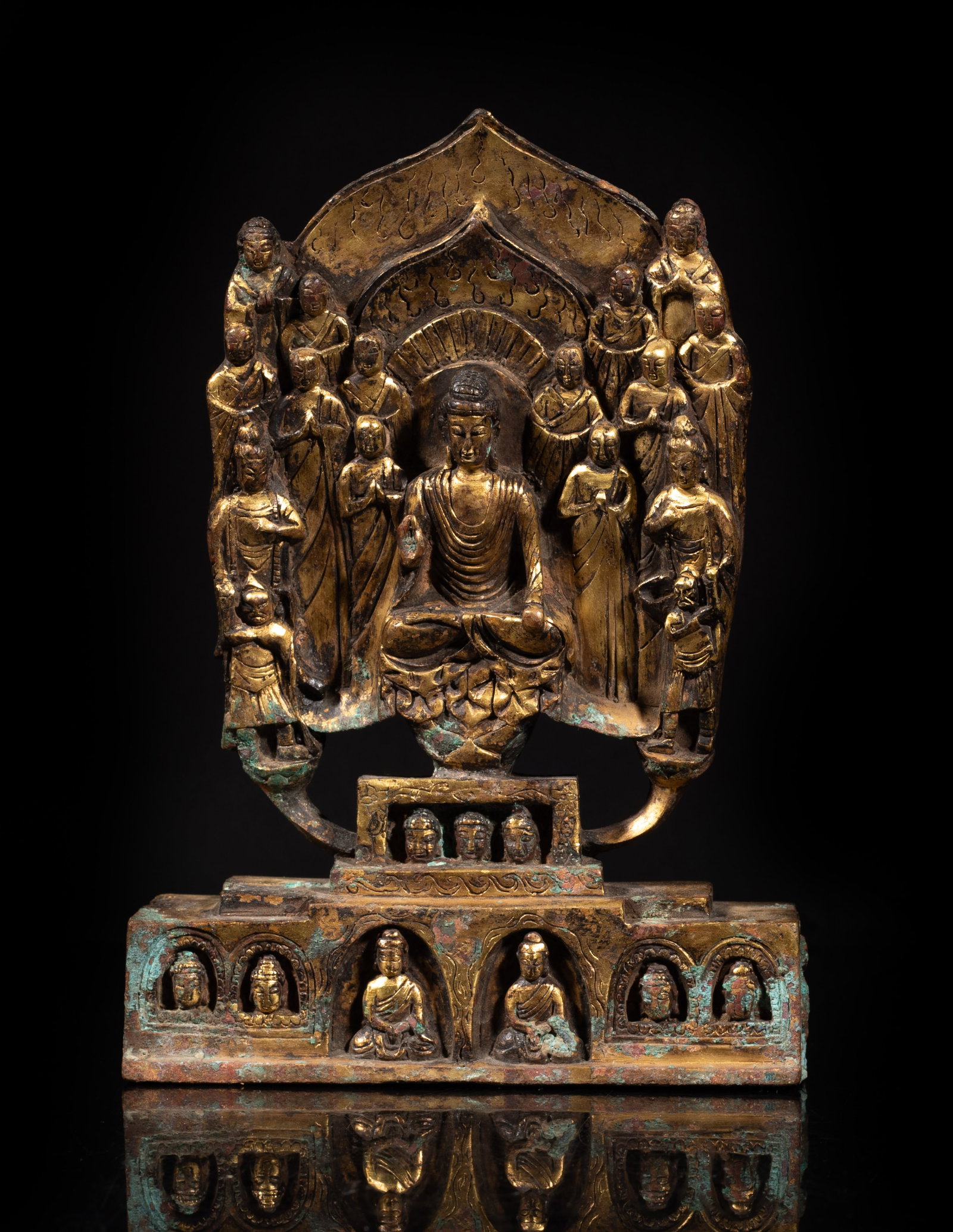 Rare Chinese Gilt Bronze Sculpture of Buddha: Chinese gilt bronze sculpture cast with seated and standing Buddha. Approx. 6.4*4.5*1.3 inch.