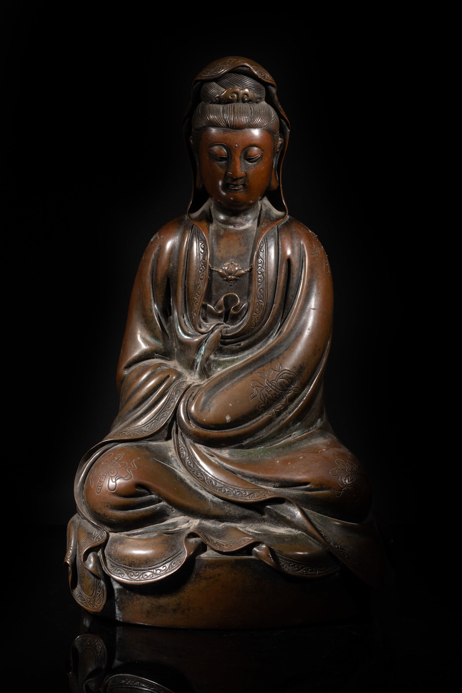 Chinese Red Copper Sculpture of Kuanyin: Heavy hollow Chinese red copper sculpture of seated Kuanyin. Approx. 13.5*7.8*6.2 inch. The Estate of the Jean`s Antiques. HK. 1985.