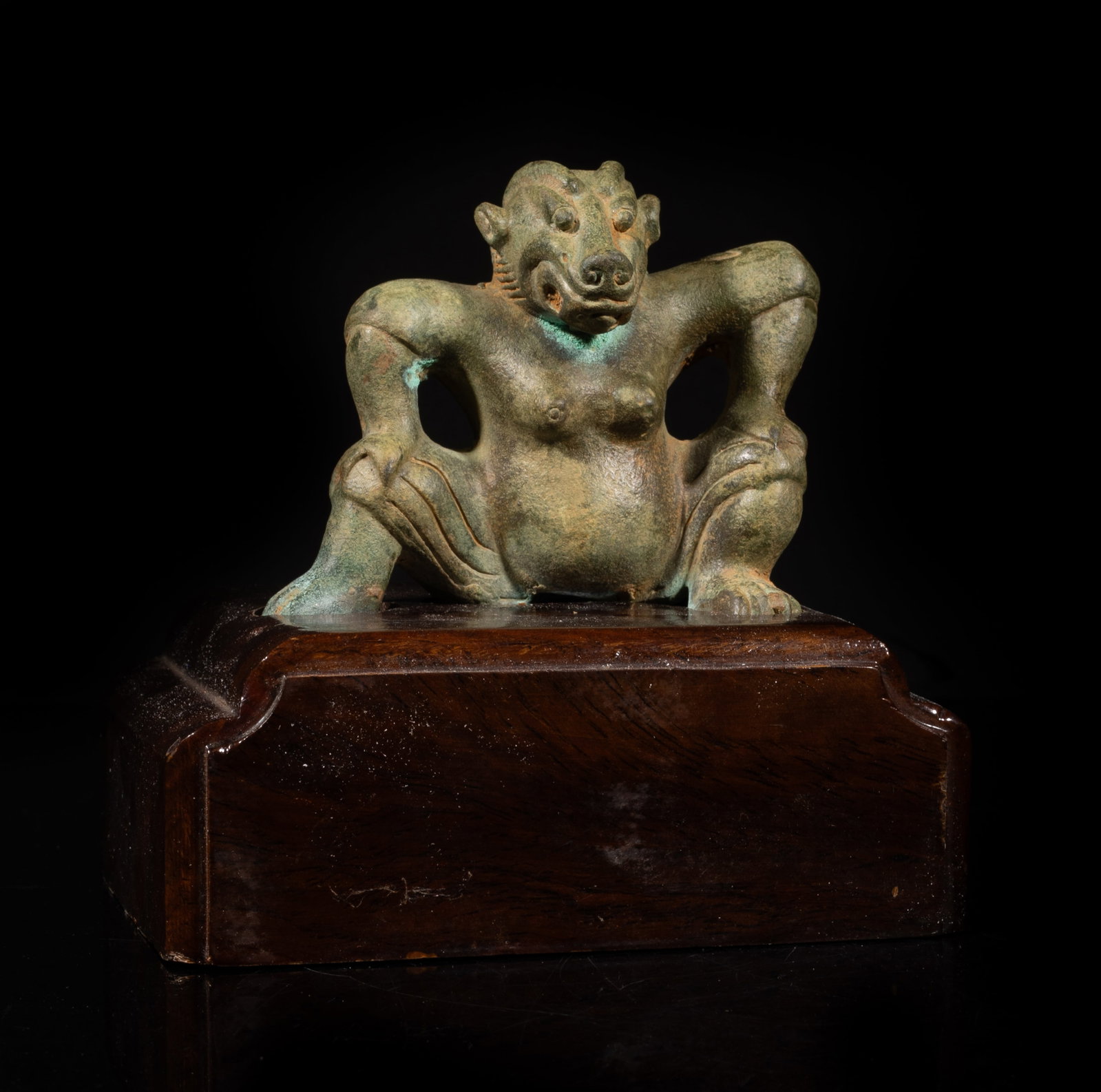 Chinese Bronze Beast Sculpture w/ Base: Chinese bronze sculpture of archaic beast form, with wood base. Approx. 5.1*4.7*3.5 inch (w/ base). The Estate of Johnston & Son. 1998.