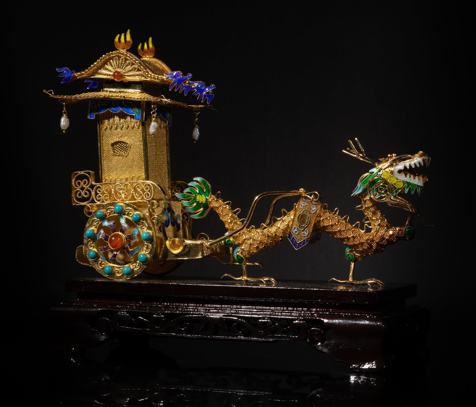 Vintage Chinese Gold on Silver Sculpture: Vintage Chinese gold on silver sculpture featuring a gold on silver dragon intertwined with pavilion. Approx. 7.1*8.8 inch; 350 g (w/stand)