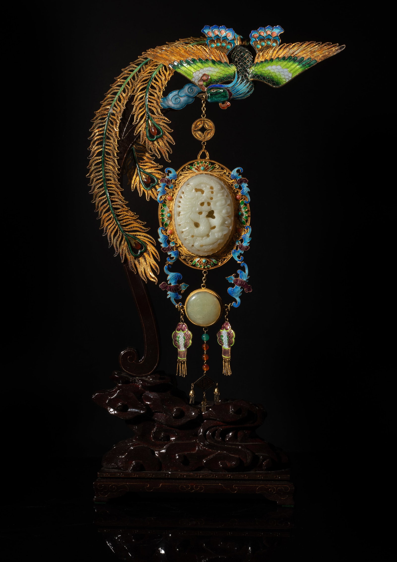 Tall Chinese Enameled Gold on Silver Sculpture: Carved in the form of the phoenix perched above a suspended carved jade/hard stone medallion on a wooden base. Approx. 20.6*10.8 inch; 1400g (w/stand)
