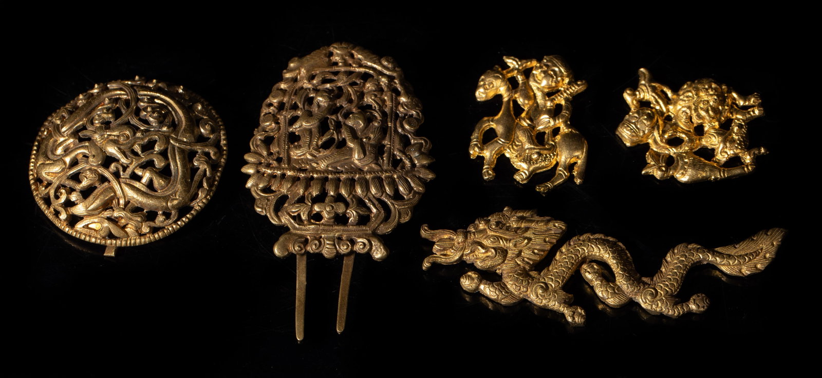 Estate Chinese Gold Plated Pins, Plaques: Set of five Chinese gold plated pins and plaques. Approx. 1.5*2.7 inch (largest).