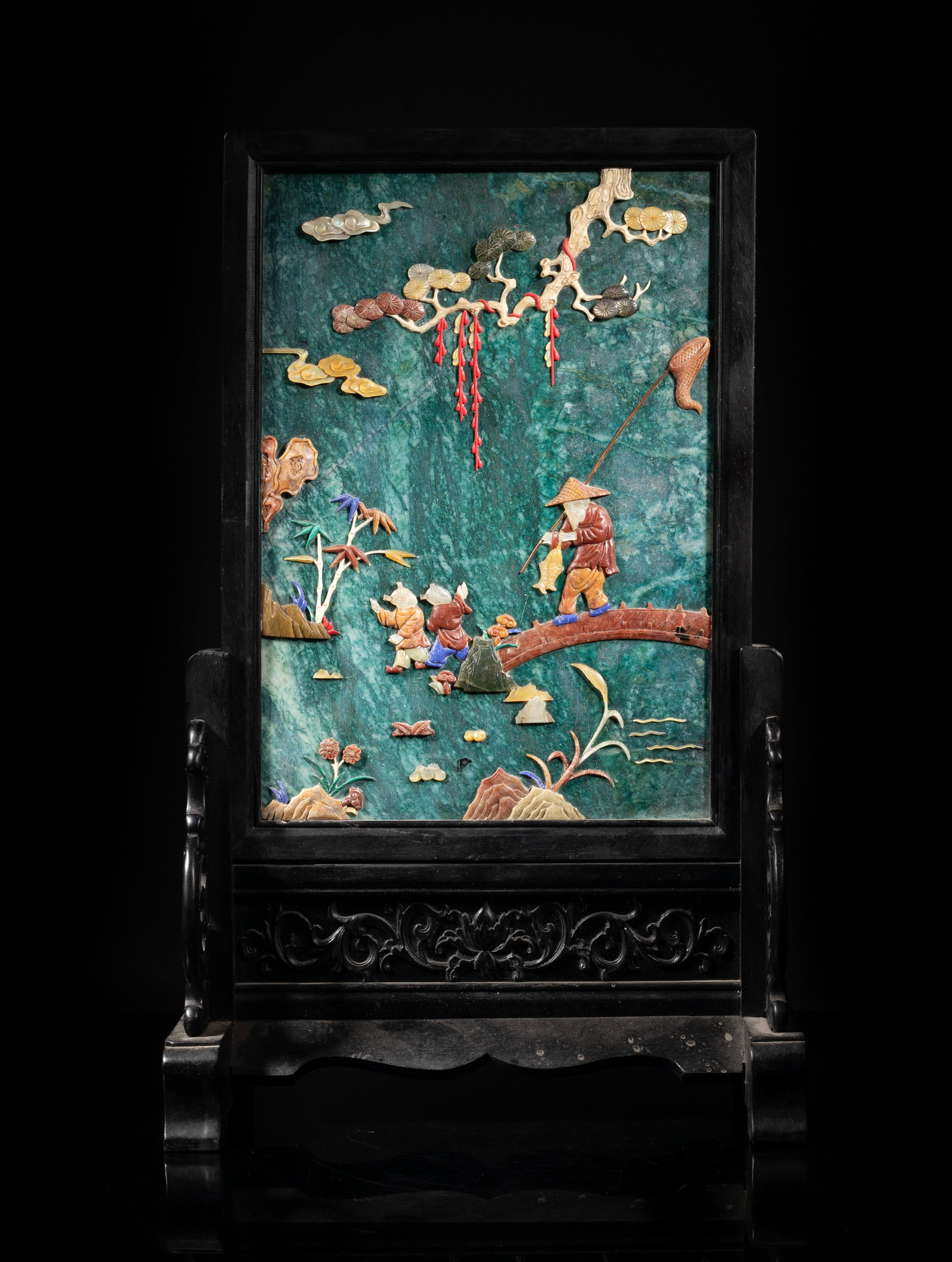 Heavy Chinese Wood, Marble, Gemstone Table Screen: Heavy Chinese wood and marble table screen, decorated with gemstone and carved as figural scene. Approx. 17.5*11*5.5 inch.