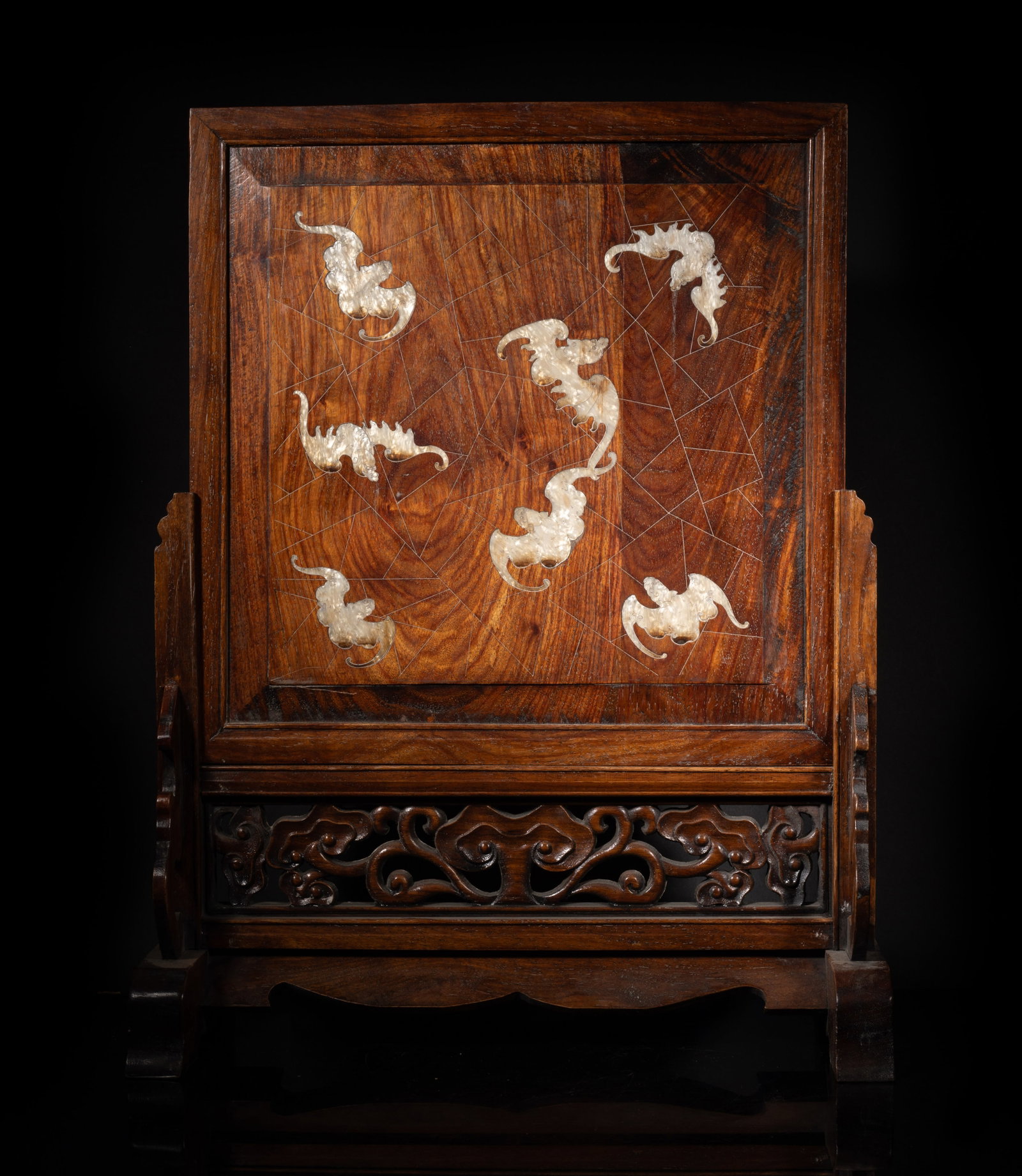 Rare Chinese Wood Carved Table Screen: Large Chinese wood table screen, inlaid with mother-of-pearl and carved as seven bats. Approx. 22.7*17.6*8 inch.