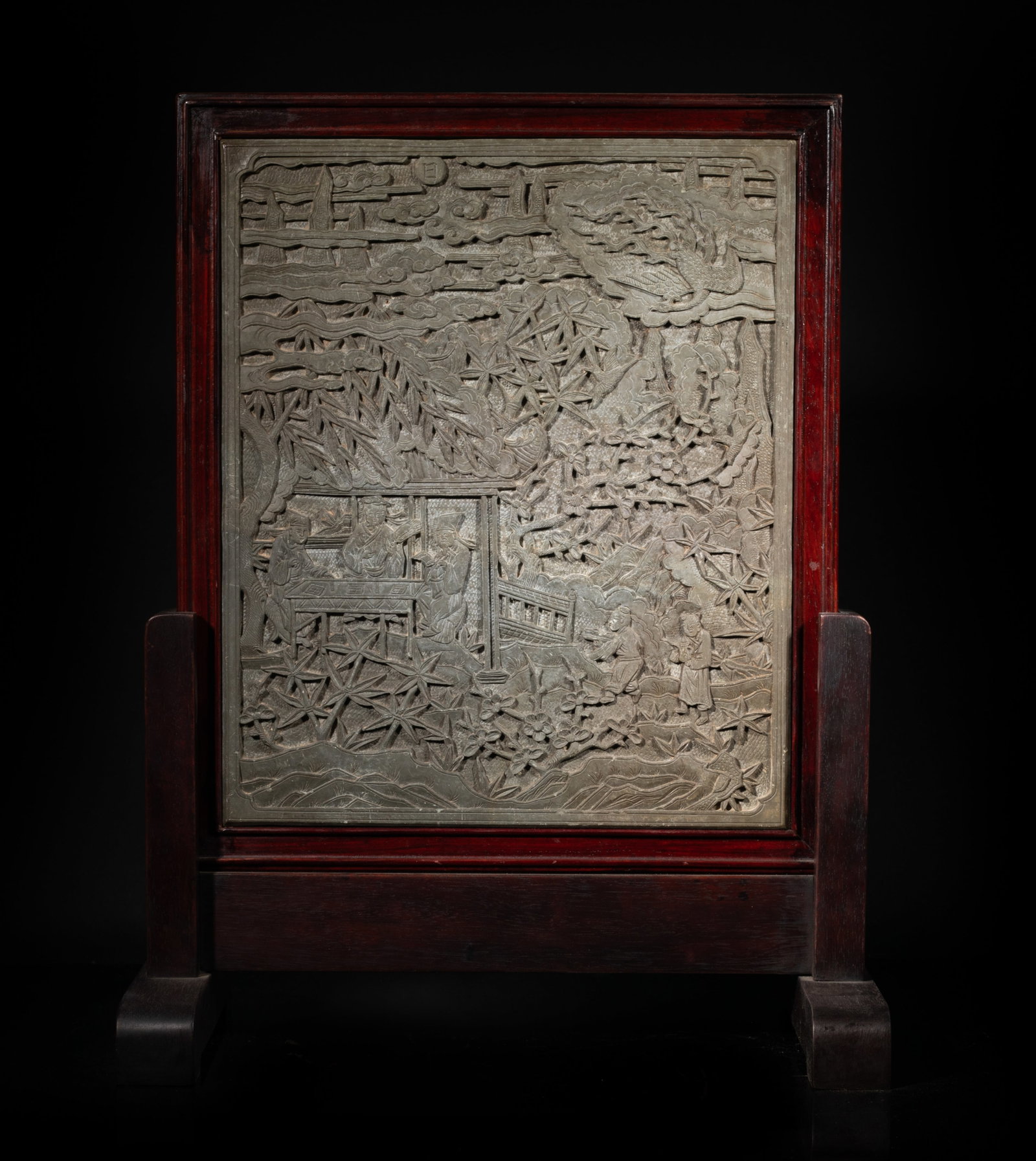 Antique 19th Chinese Heavy Duan Stone Table Screen: Antique 19th Century Chinese wood and Duan stone carved heavy table screen. Approx. 13.75*7.75*18.5 inch.