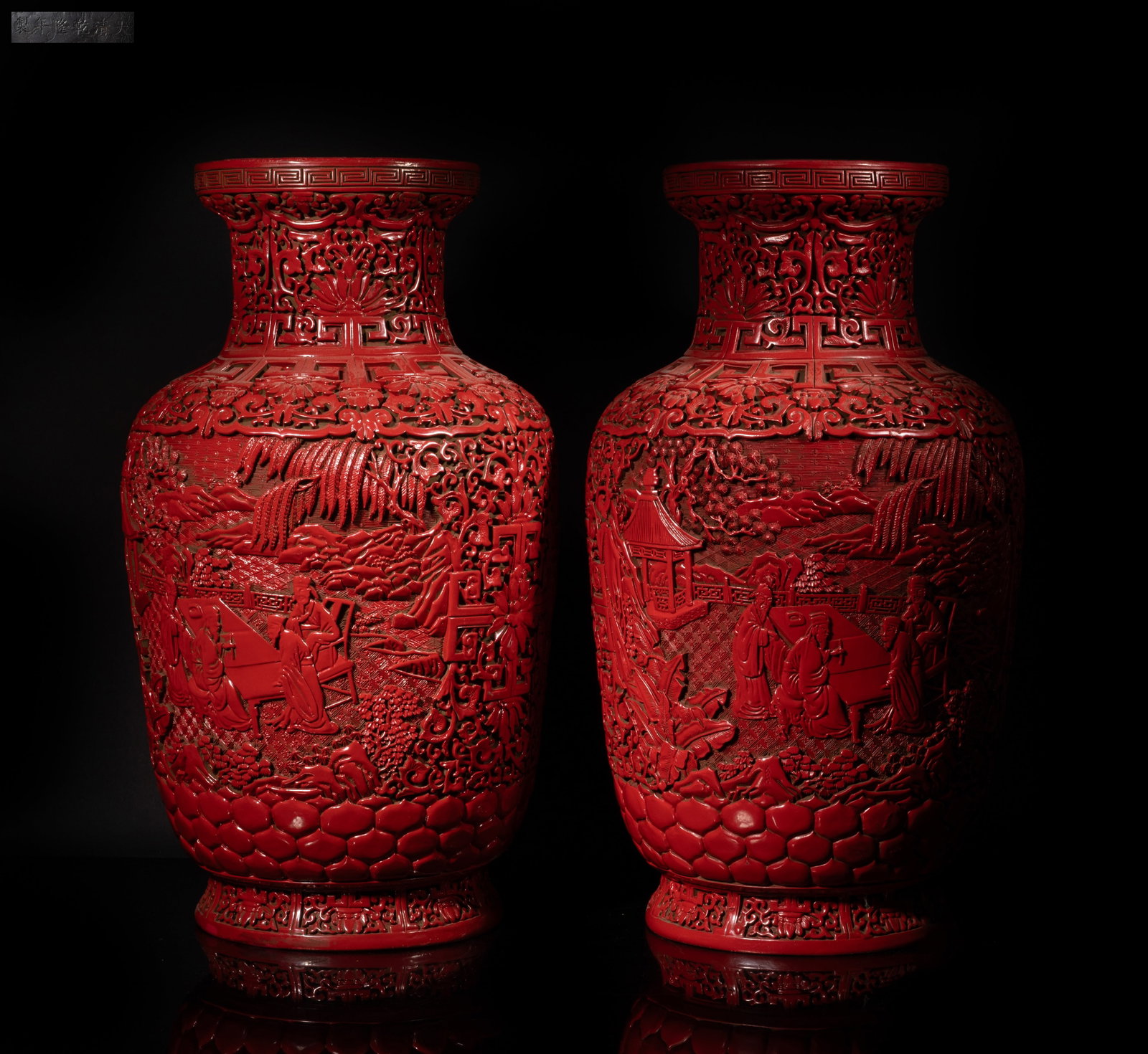 Two Tall Chinese Export Cinnabar Vases: Two Chinese export cinnabar vase, deep carved & high relief detailed as popular landscape & figures subjects. Size Approx.: 20-9.5-9.5 inch.