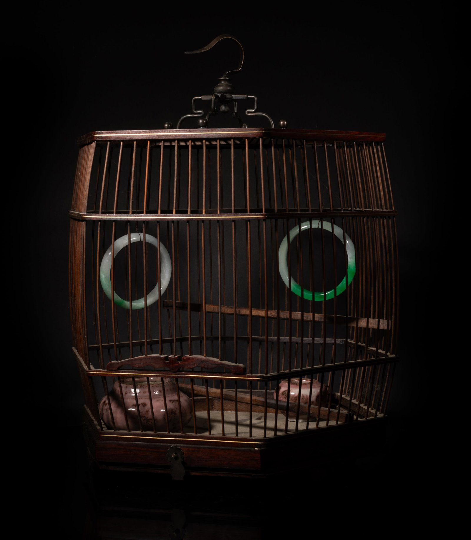 Chinese Export Huanghuali Wood Bird Cage: Chinese Huanghuali wood bird cage, with two porcelain feeding jars and two stone huan. Approx. 13*16 inch.