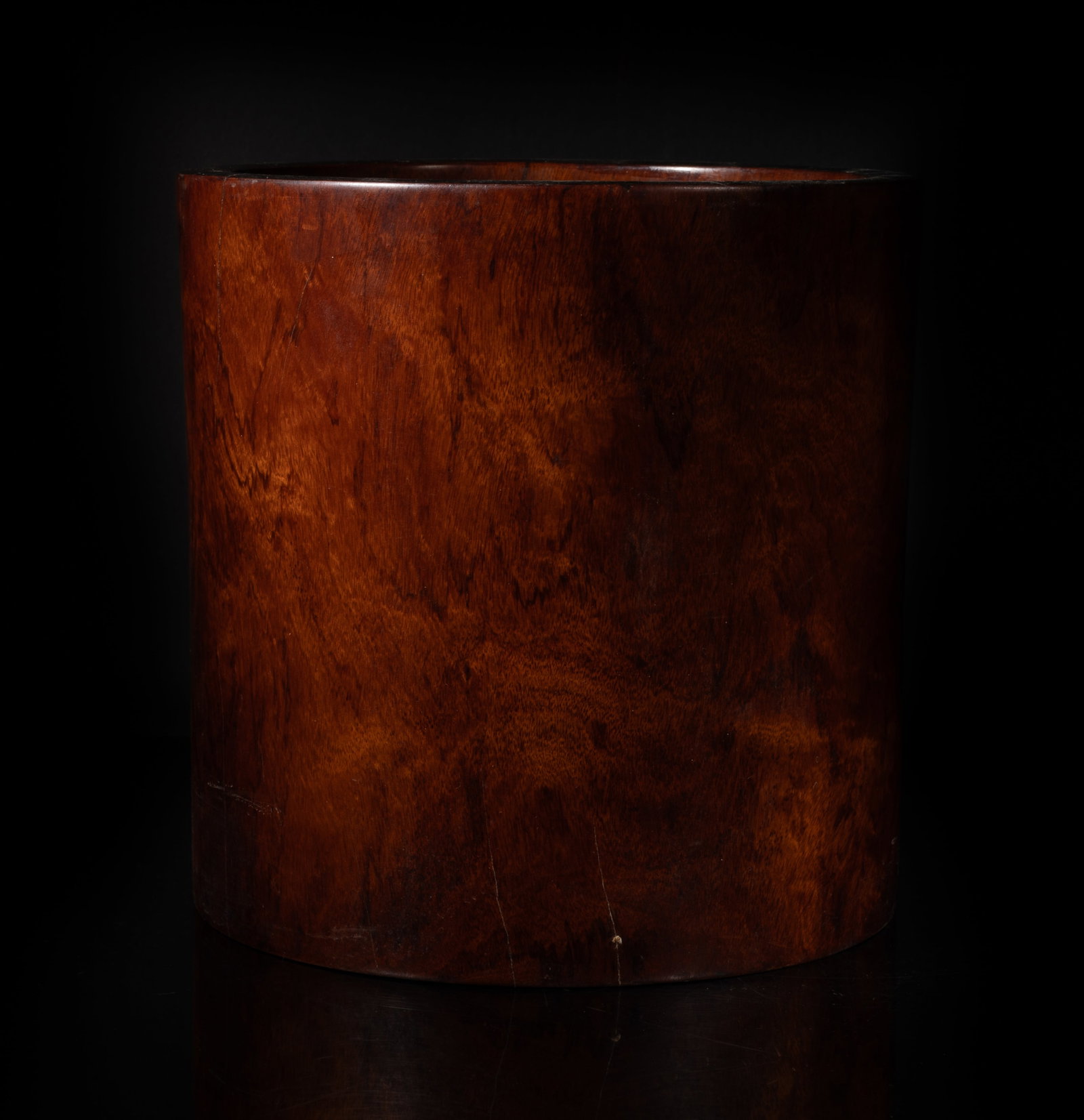 Estate Large Chinese Wood Brush Pot: Large Chinese wood brush pot, the bottom pierced and set with stopper. Approx. 9*8.8 inch. The Estate of the Lady Judy Fo Fung. Hollywood. 2019.
