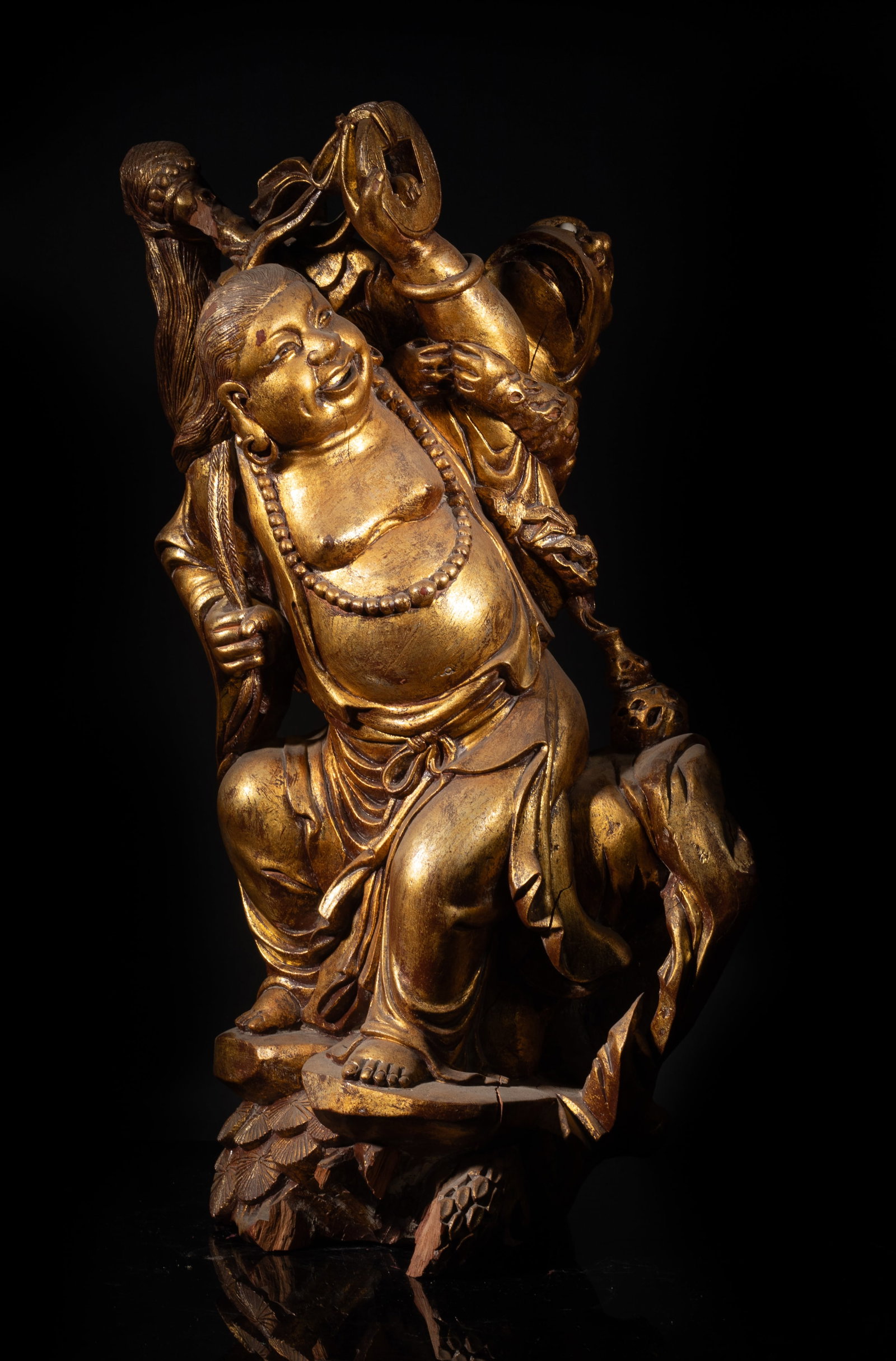 Heavy Tall 18th Chinese Wood Sculpture of Liuhai: Heavy Chinese 18th century wood sculpture carved as Liuhai playing with toad. Approx. 24*12*8 inch.