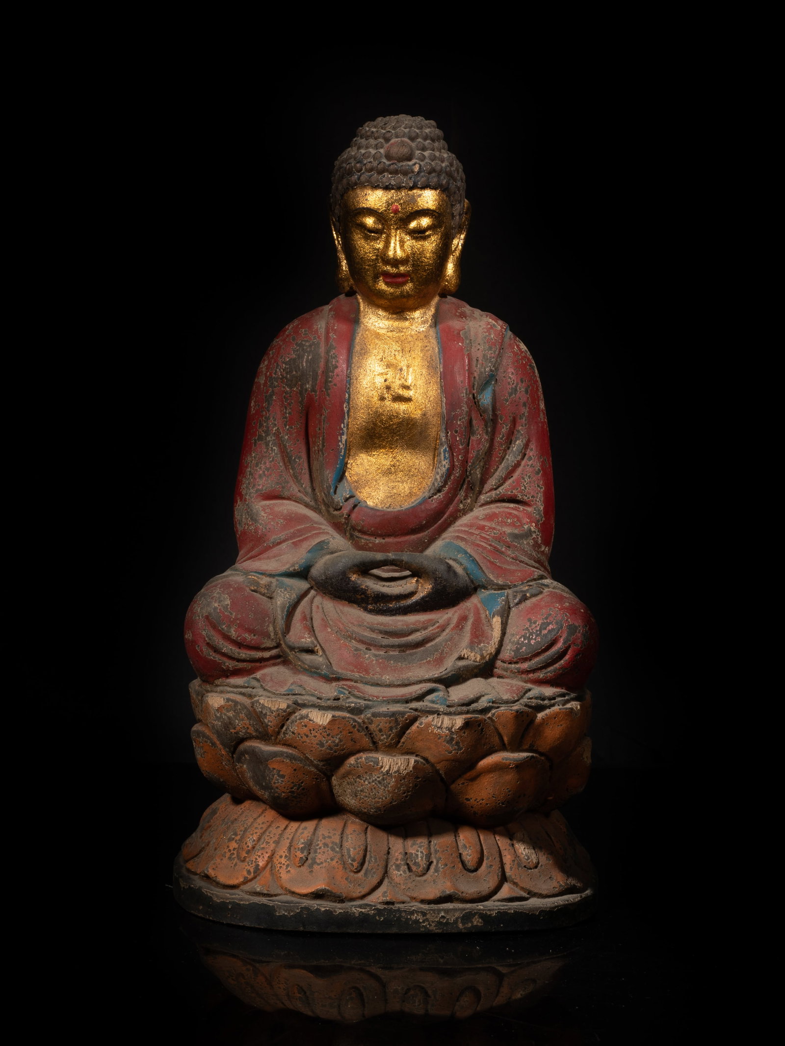 18th Antique Chinese Wood Sculpture of Buddha: Chinese wood sculpture of seated Buddha, the hands in dhyana mudra. Approx. 10.7*5.9*5.5 inch. The Estate of the Store Closed Sale, Pasadena, CA. 2025.