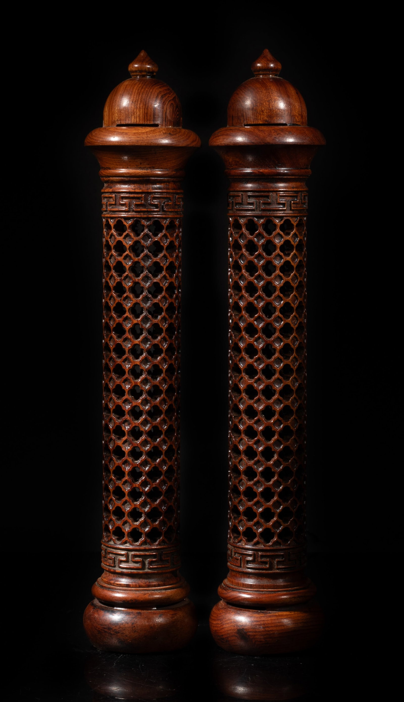 Vintage Chinese Huanghuali Wood Incense Holders: Two Chinese Huanghuali wood carved openwork incense stick holders. Approx. 11.7*2.3 inch.
