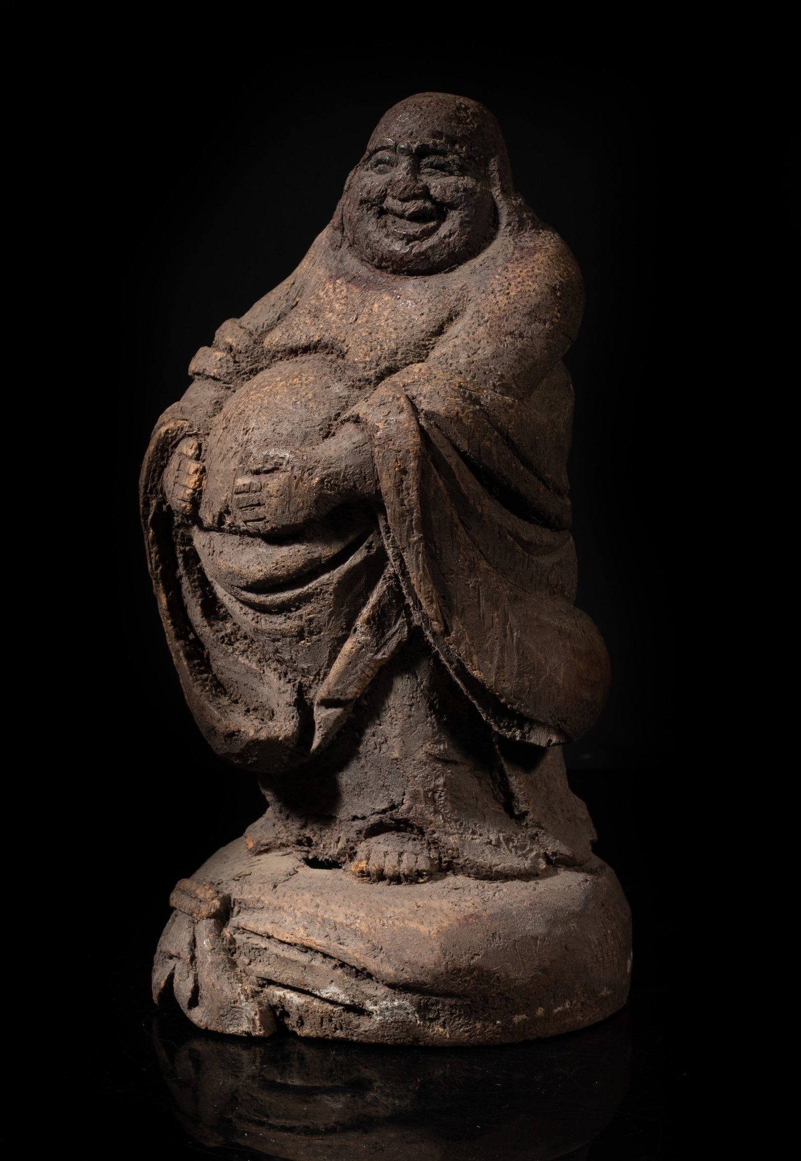 Antique Sung Chinese Bamboo Buddha: Antique Chinese Sung bamboo carved laughing Buddha sculpture. Approx. 8.7*4.7*4.4 inch. The Estate of the Thomas & Anna. Fung. Huntington Beach, CA, 2016.
