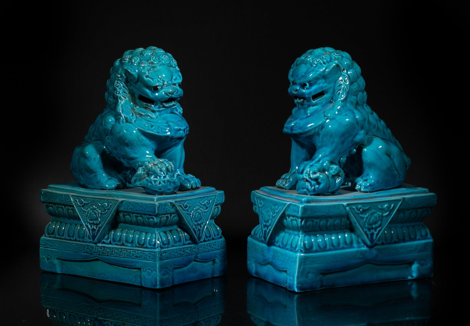 Two Chinese Turquoise Glazed Porcelain Foo Dogs (1 of 9)