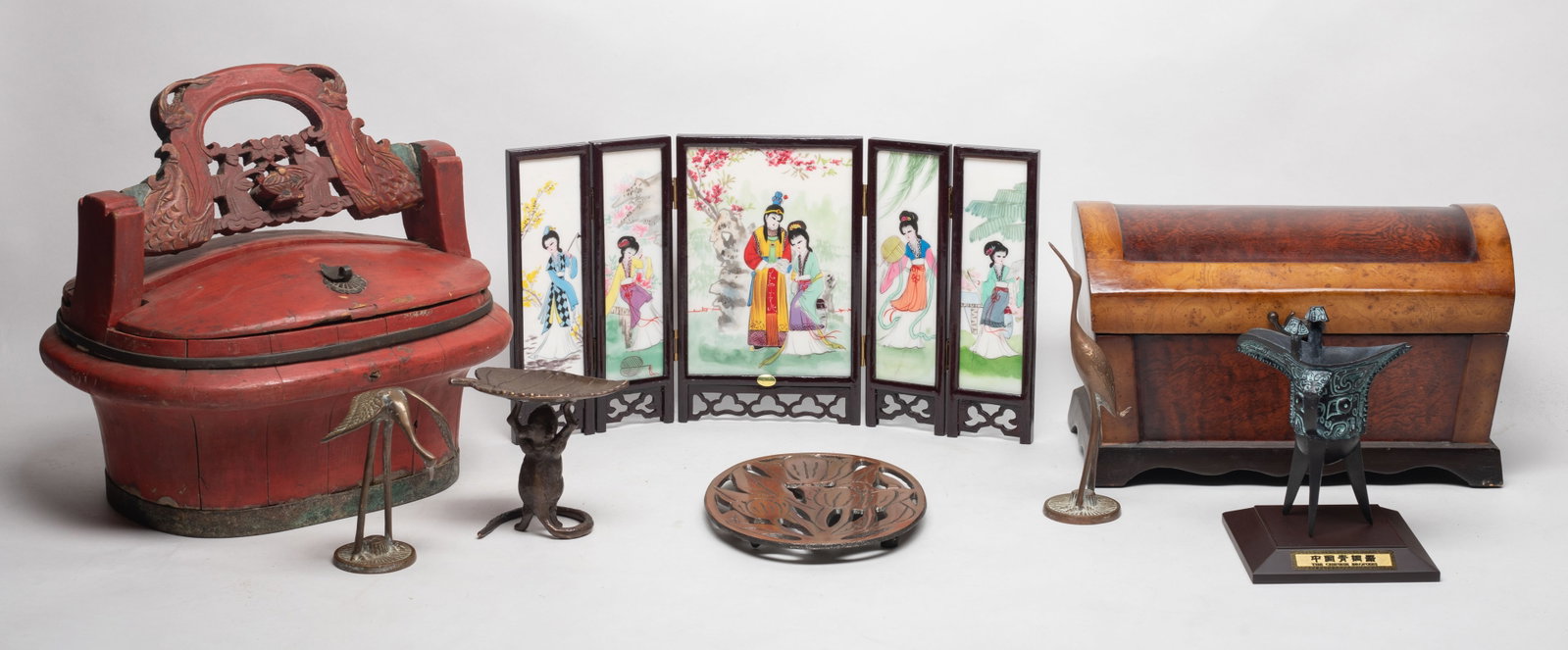 Chinese Export Box, Wood, Marble, Brass: Group of decorative objects, including folding screen, wood vessels and box, and brass pieces. Size various.