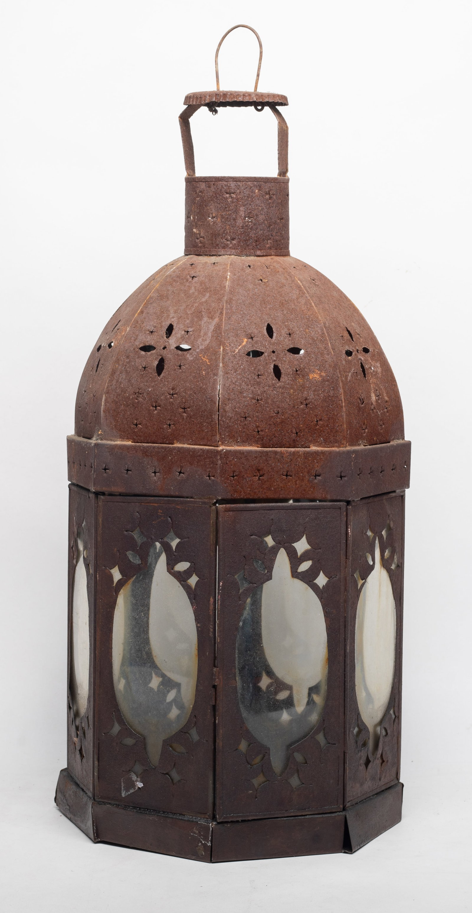 Large Vintage Metal Garden Hanging Lamp: The lamp with a domed, punched-metal top and multi-sided glass panels. Approx. 19.5*8.3 inch