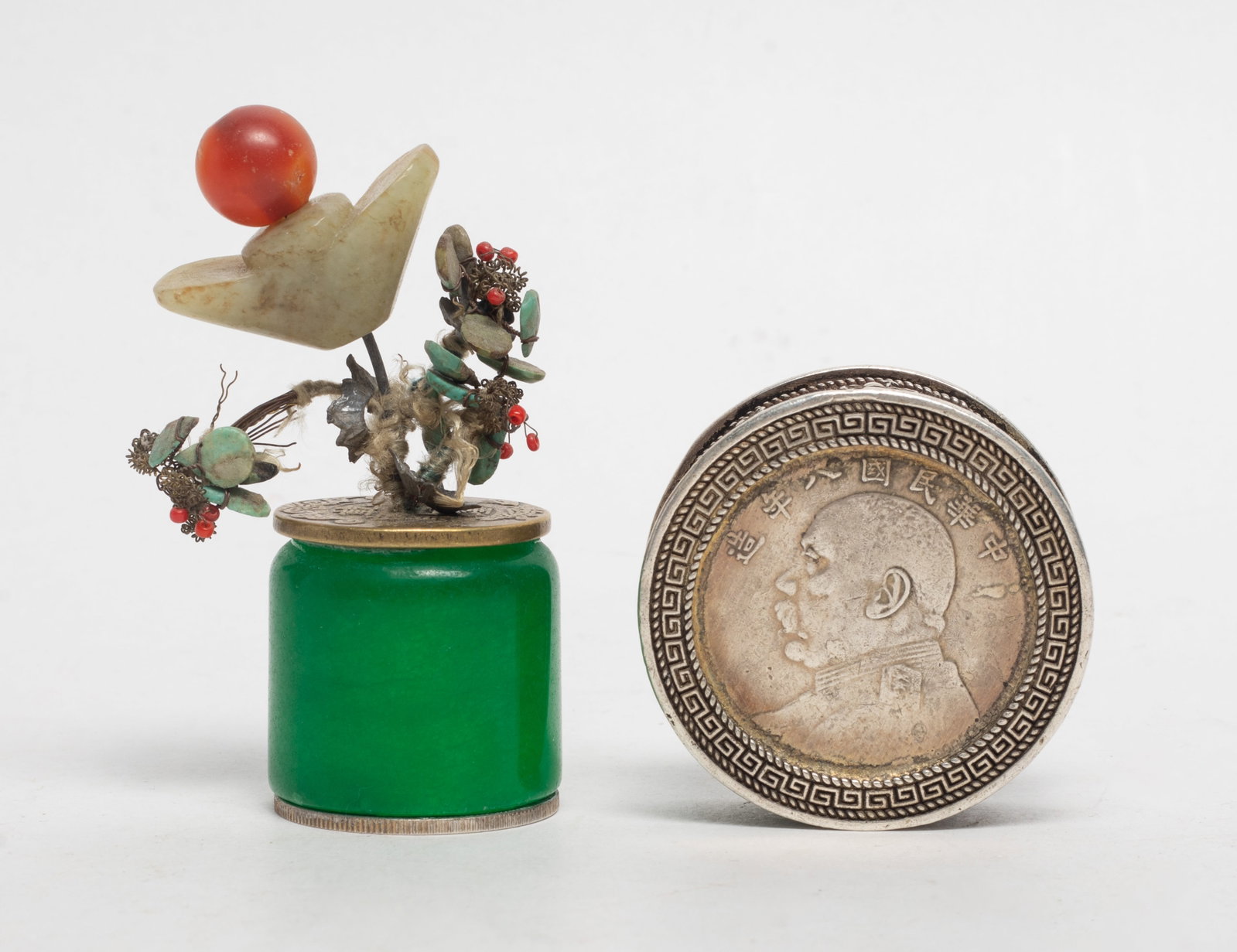 Estate Chinese Metal Box, Stone Bonsai: Chinese metal box and stone bonsai. Approx. 3.2*1.35 inch (bonsai size).