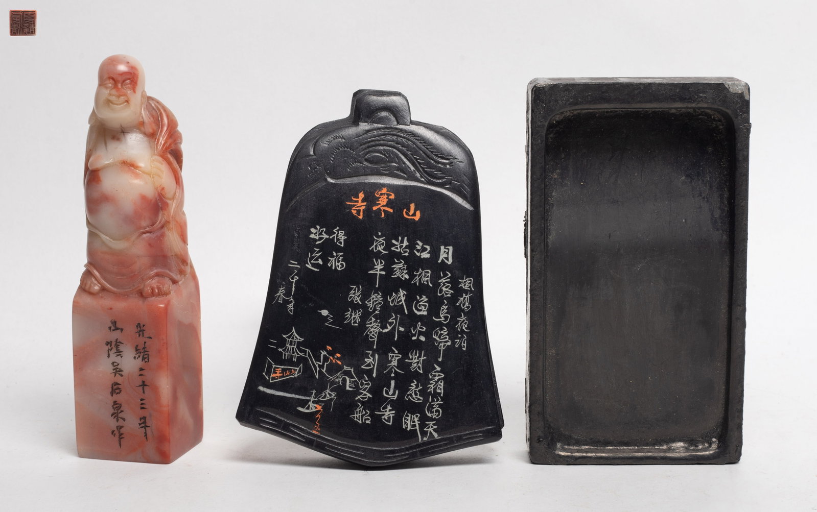 Tall Chinese Shoushan Stone Seal, Ink Stones: Including a tall Shoushan stone seal, and two ink stones. Approx. 5.8*1.48*1.46 inch (stone seal size).