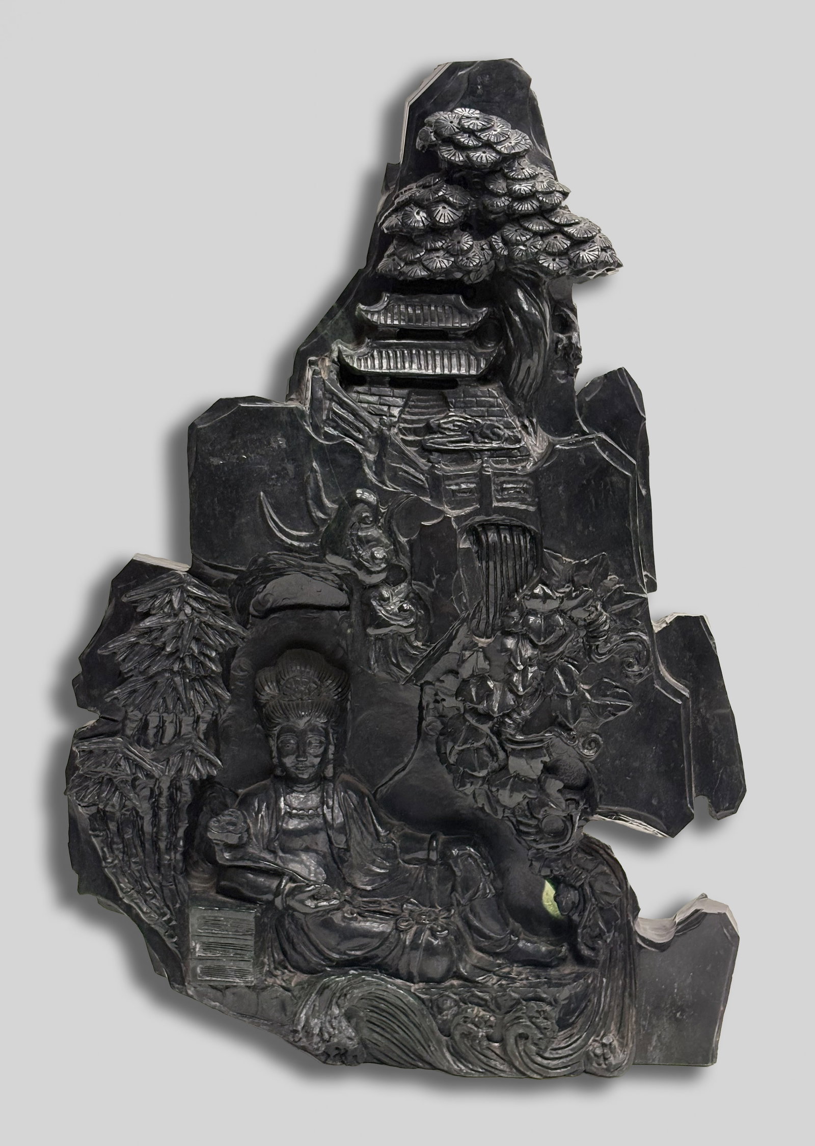 Massive Chinese Spinach Jade Sculpture: Collectible massive spinach jade sculpture, carved as an elegant female holding ruyi and lying in landscape with pine tree, bamboo and lingzhi. Approx. 24.5-16.5-4.5 inch.