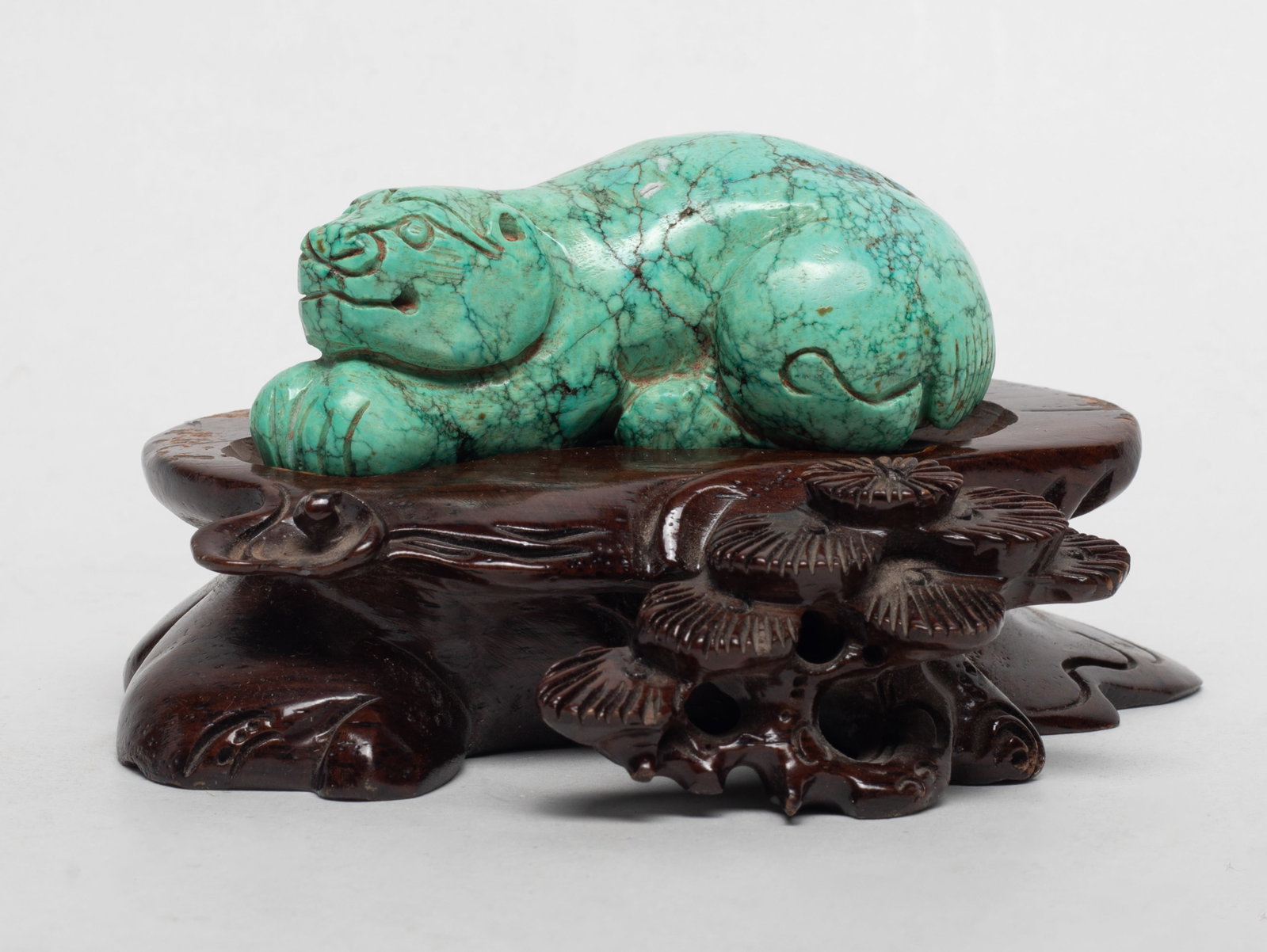 Chinese Stone Beast Sculpture on Stand: Chinese stone carved recumbent beast sculpture, with wood stand. Approx. 3.2*1.76*1.27 inch (w/o stand).
