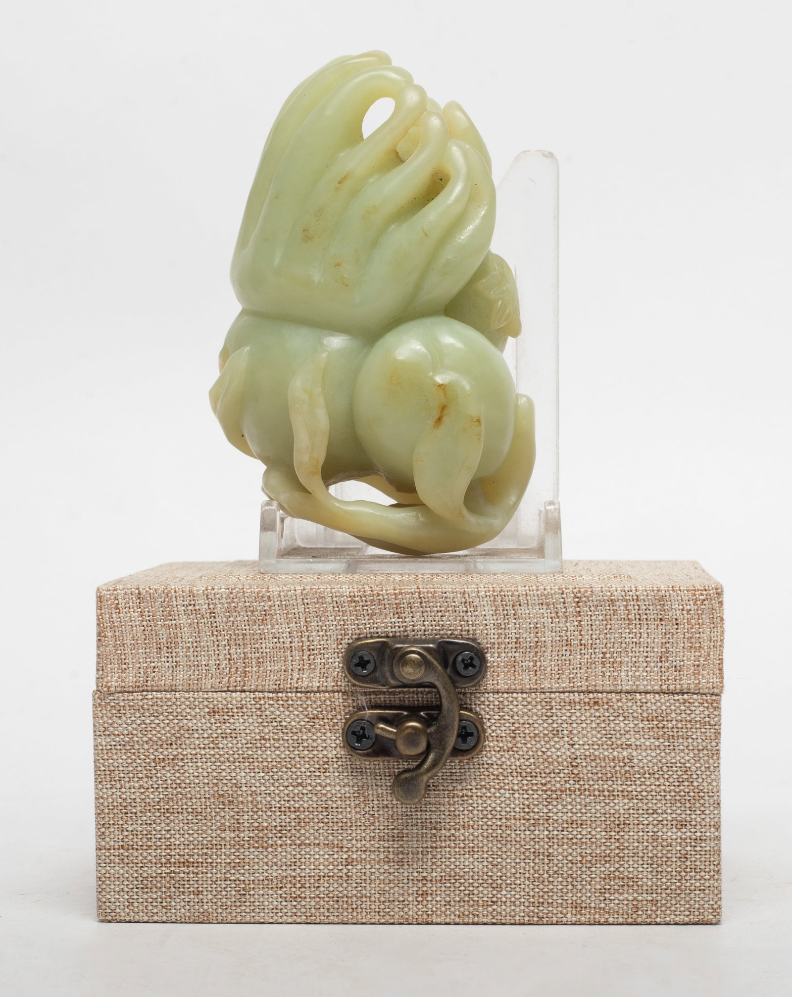 Estate Chinese Yellow Jade Fruit Sculpture: Chinese yellow jade sculpture carved with buddha hand citron, pomegranate, and peach, with box. Approx. 3.4*2.2*1.4 inch (w/o box).