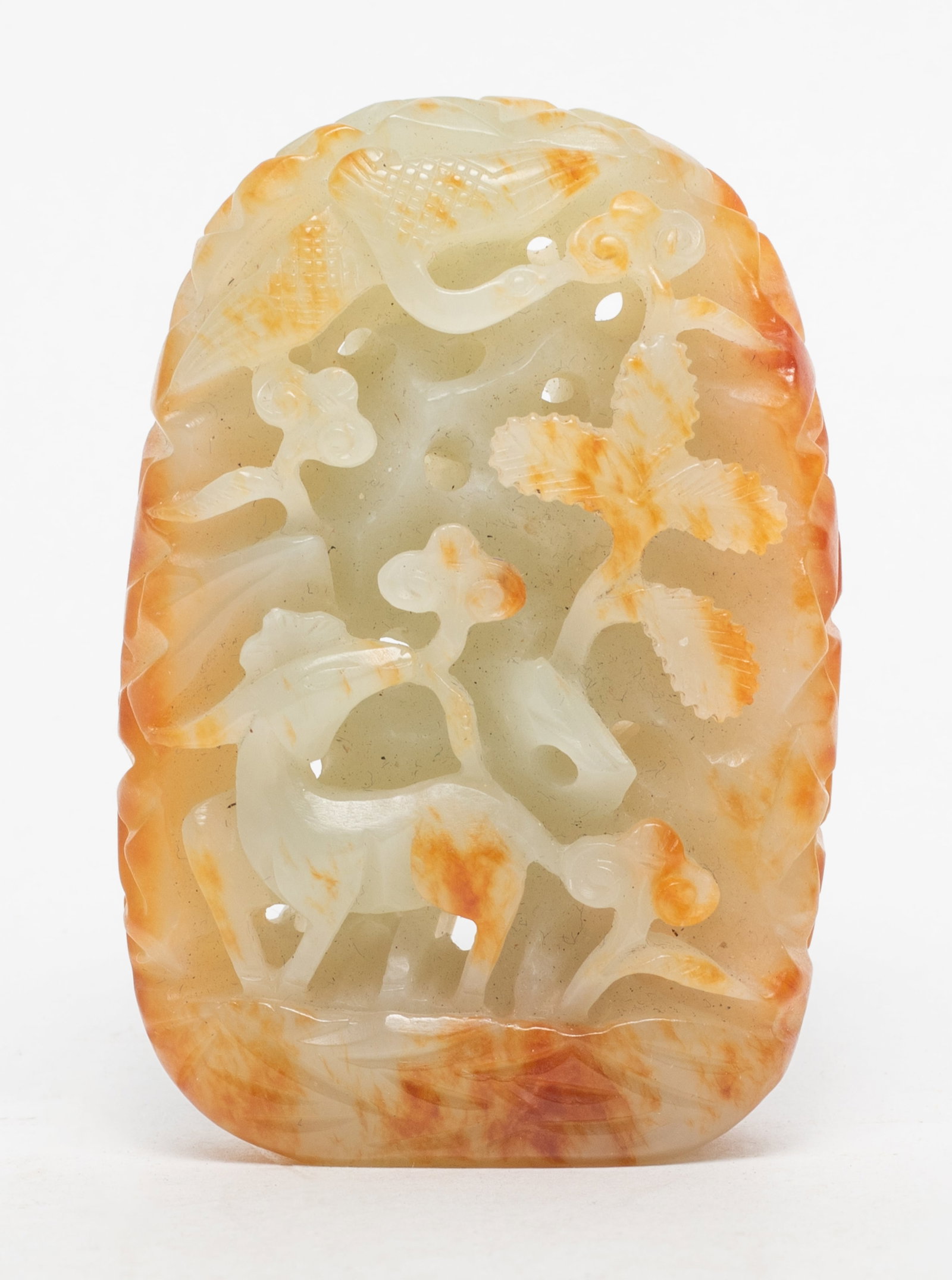 Estate Chinese Russet Jade Carved Pendant: Chinese russet jade pendant carved in openwork with deer, egret and lingzhi. Approx. 2.9*2*1 inch.