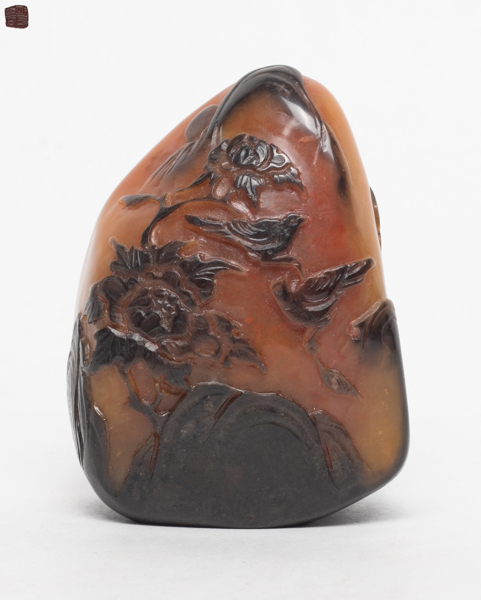 Chinese Russet Shoushan Stone Seal: Chinese russet Shoushan stone seal, one side carved bird and flower, the reverse carved landscape. Approx. 2.7*1.96*1.27 inch.