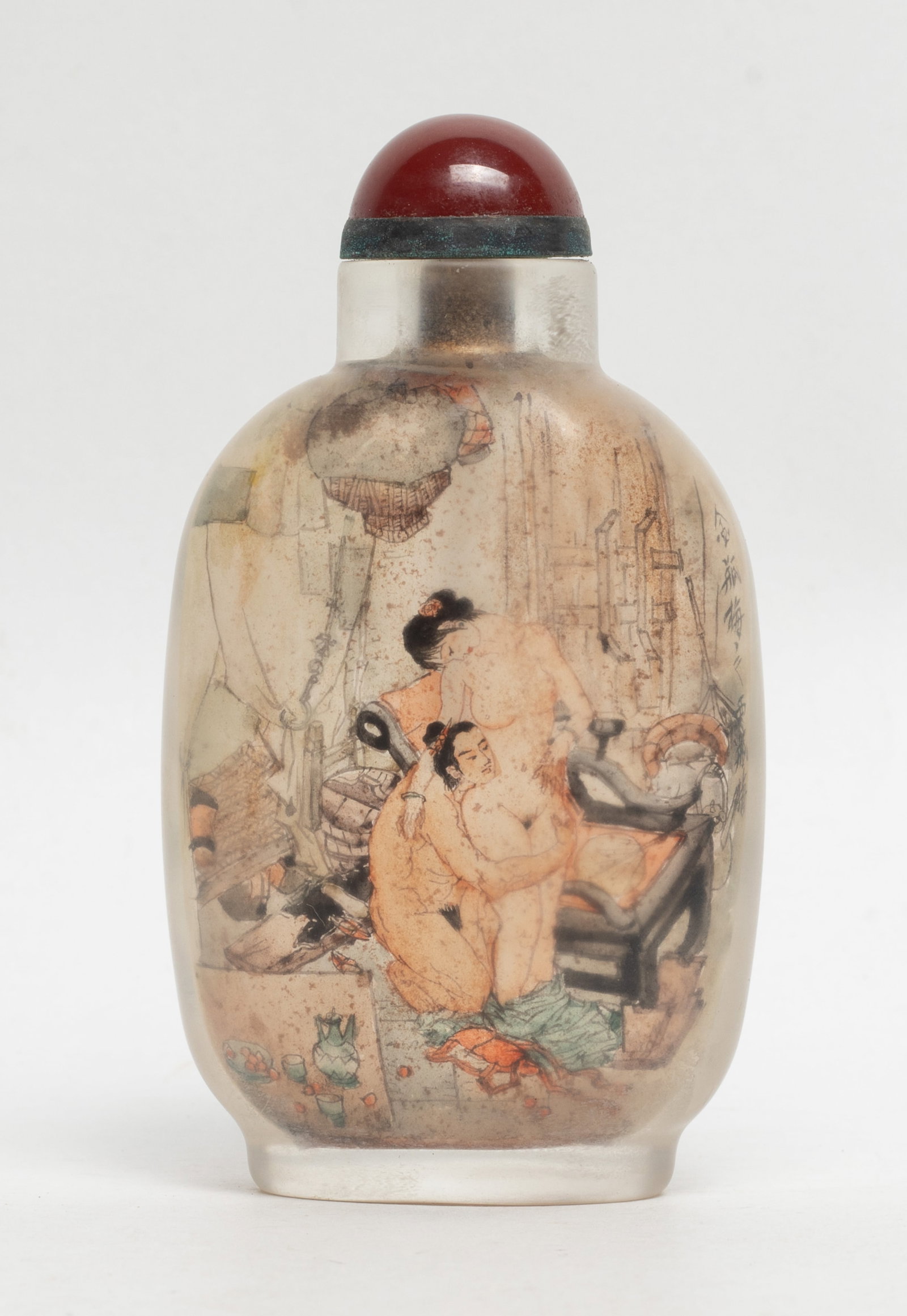 Chinese Inside Painted Snuff Bottle: Chinese inside painted snuff bottle, the front painted with figures, reverse painted with poem, with stopper. Approx. 3.5*1.9 inch