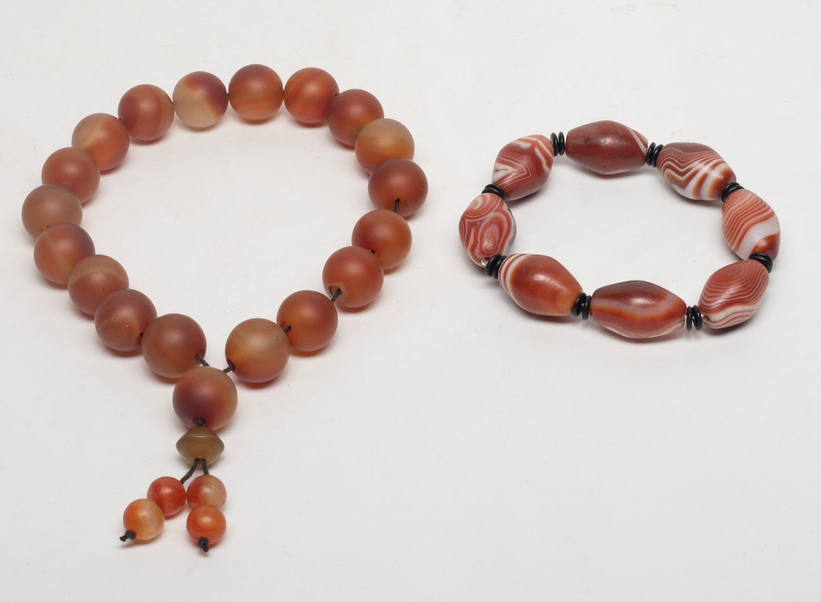 Two Large Bead Chinese Cameo Agate Prayer Beads: Two strings of Chinese large cameo agate carved prayer beads. Size varies.