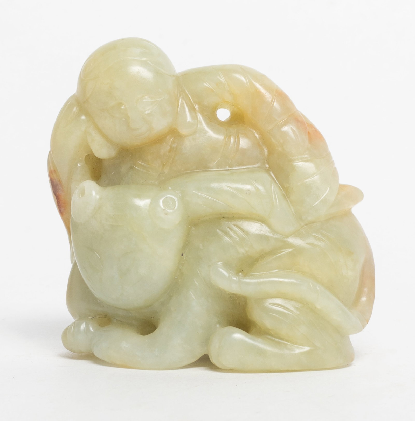 Chinese Jade Carved Pendant of Boy: Chinese jade pendant carved as a boy riding on a tiger. Approx. 2*2*1.05 inch.