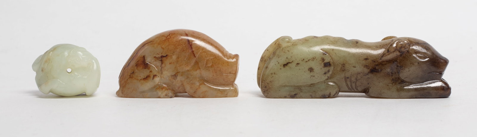 Chinese Cream White Jade Bead, Russet Beast: Including a white jade bead carved chilong, a russet jade pig pendant and a russet jade beast pendant. Approx. 3.1*0.97*0.73 inch (largest).