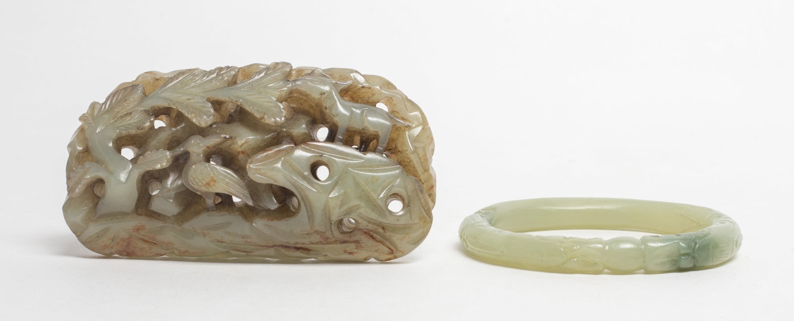 Chinese Jade Dragon Bangle, Openwork Sculpture: Including a Chinese jade dragon bangle, and an openwork jade sculpture carved with deer, egret and tree. Approx. 3.55*1.87*0.9 inch (sculpture size).