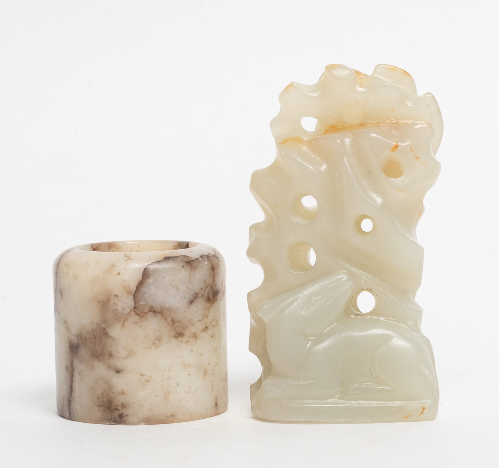 Chinese Jade Thumb Ring, Pendant Set: Including a jade thumb ring, and a jade pendant carved with deer, egret and rockery. Approx. 2.7*1.45*1.15 inch (larger).
