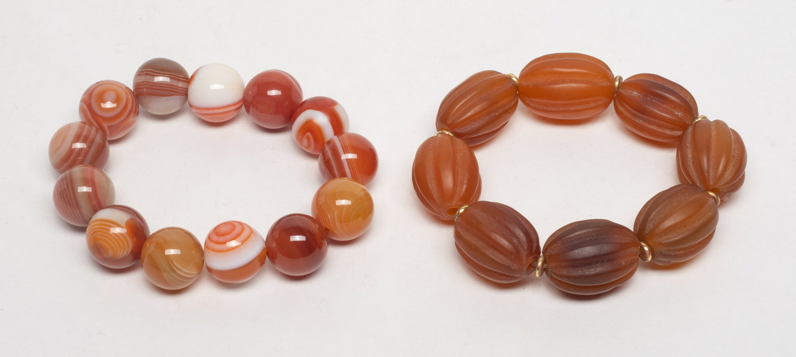 Two Rare Chinese Cameo Agate Prayer Beads: Two strings of Chinese large cameo agate carved prayer beads. Size varies.