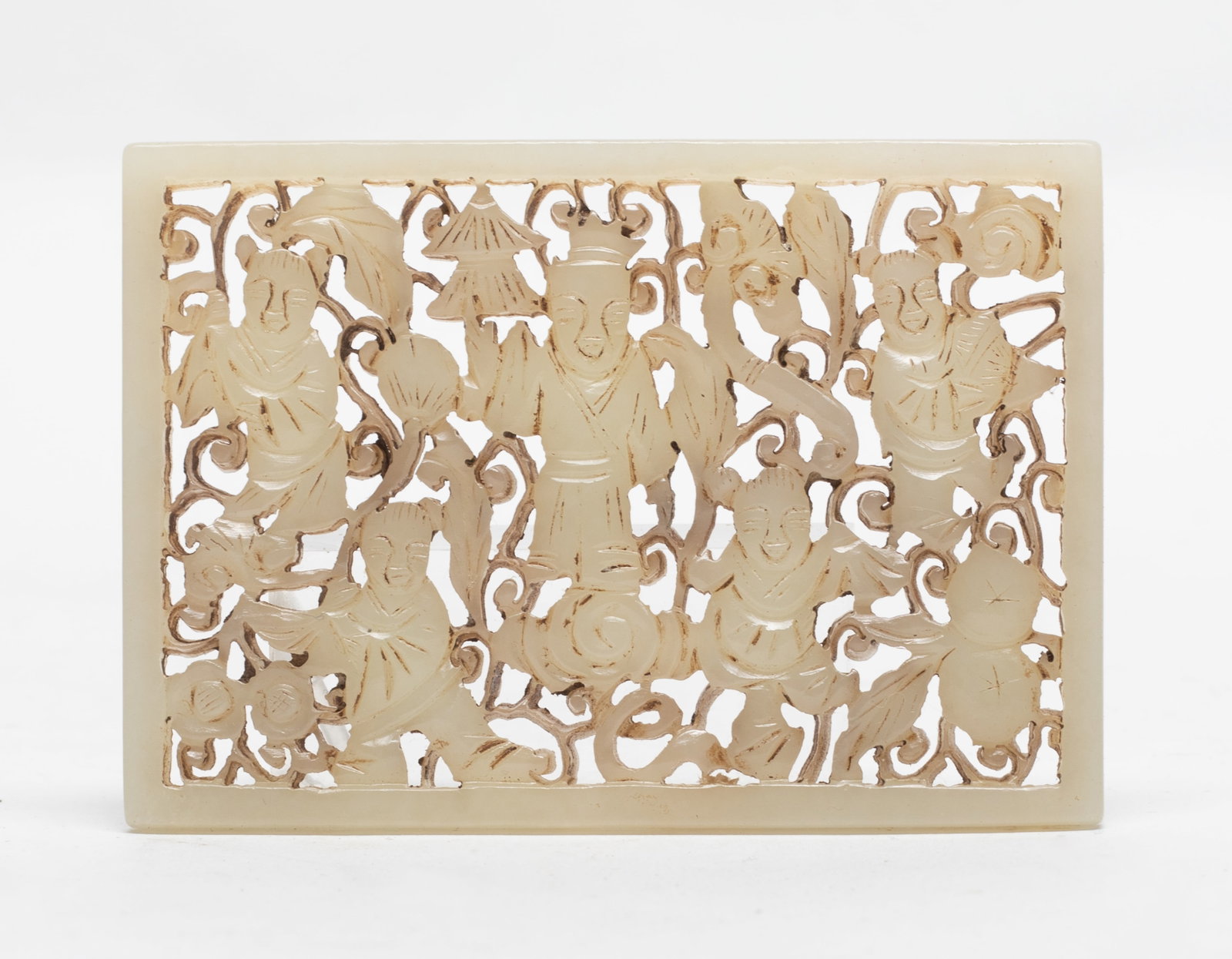 Chinese Export Jade/ Stone Plaque: The plaque carved in the form of rectangular, detailed in an openwork with multiple figures surrounded by floral scrolls. Approx. 2.34*3.34 inch
